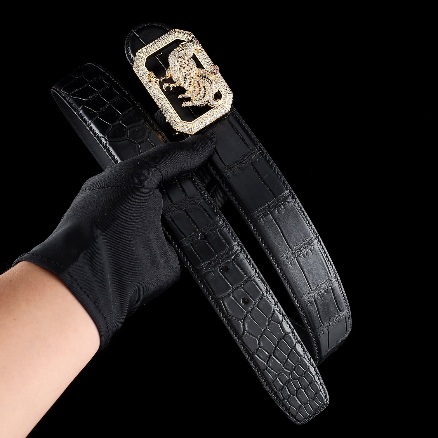 BELTLEY Black Original Nile Crocodile Leather Belt-Rooster Buckle