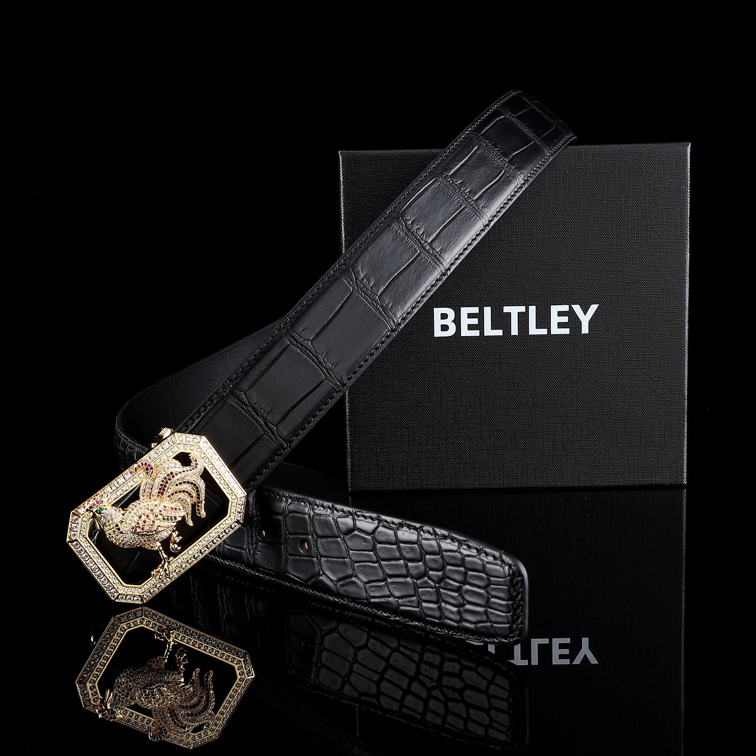 BELTLEY Black Original Nile Crocodile Leather Belt-Rooster Buckle