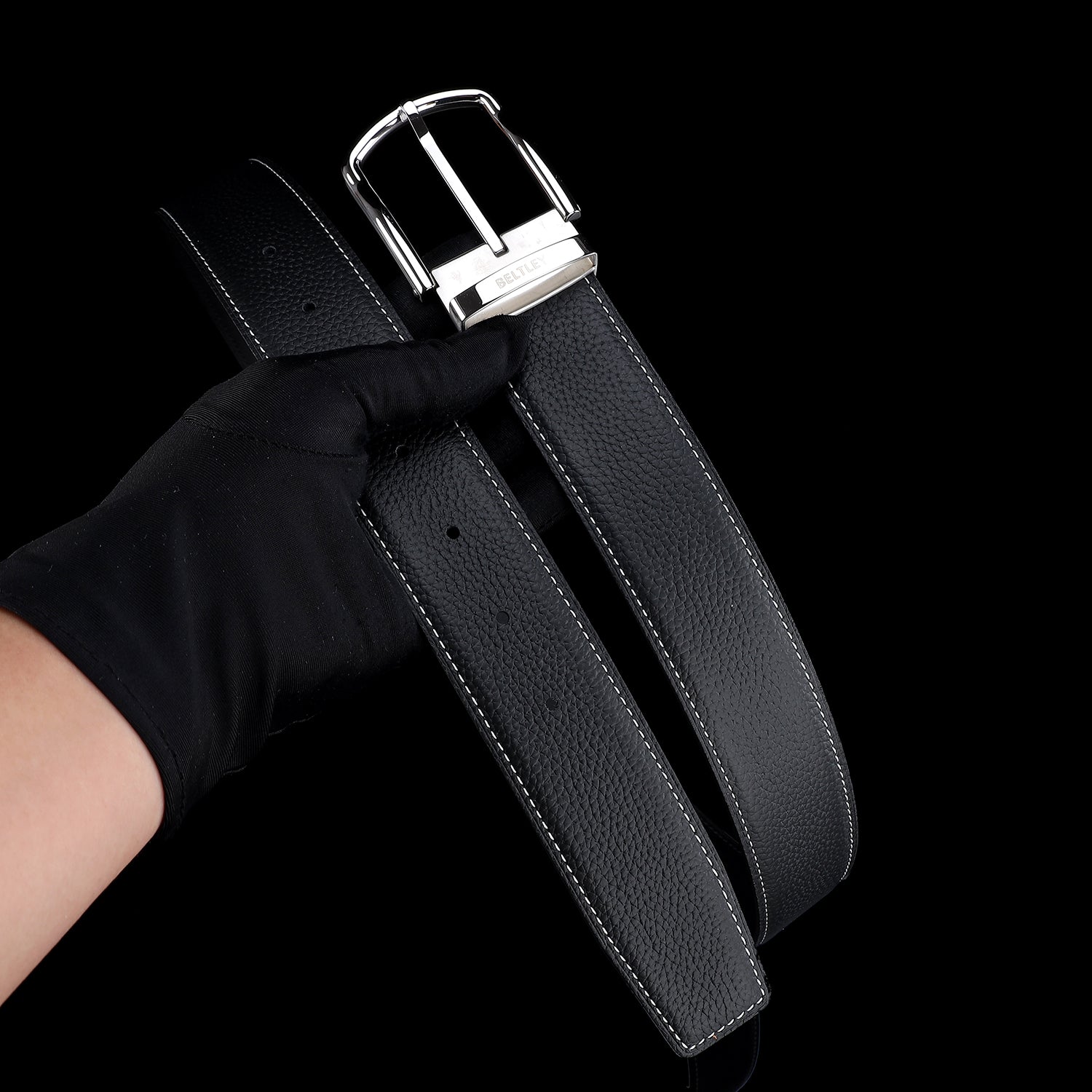 BELTLEY Black Pebbled Leather Belt-Unisex 1.5 Inches