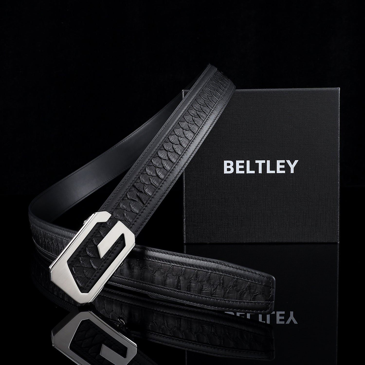 BELTLEY Black Python Leather Belt for Men