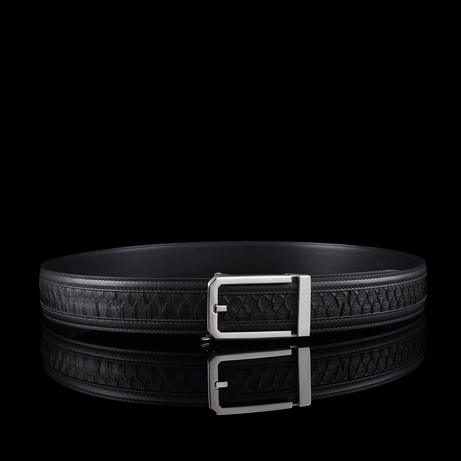 BELTLEY Black Python Leather Belt with Ratchet Buckle
