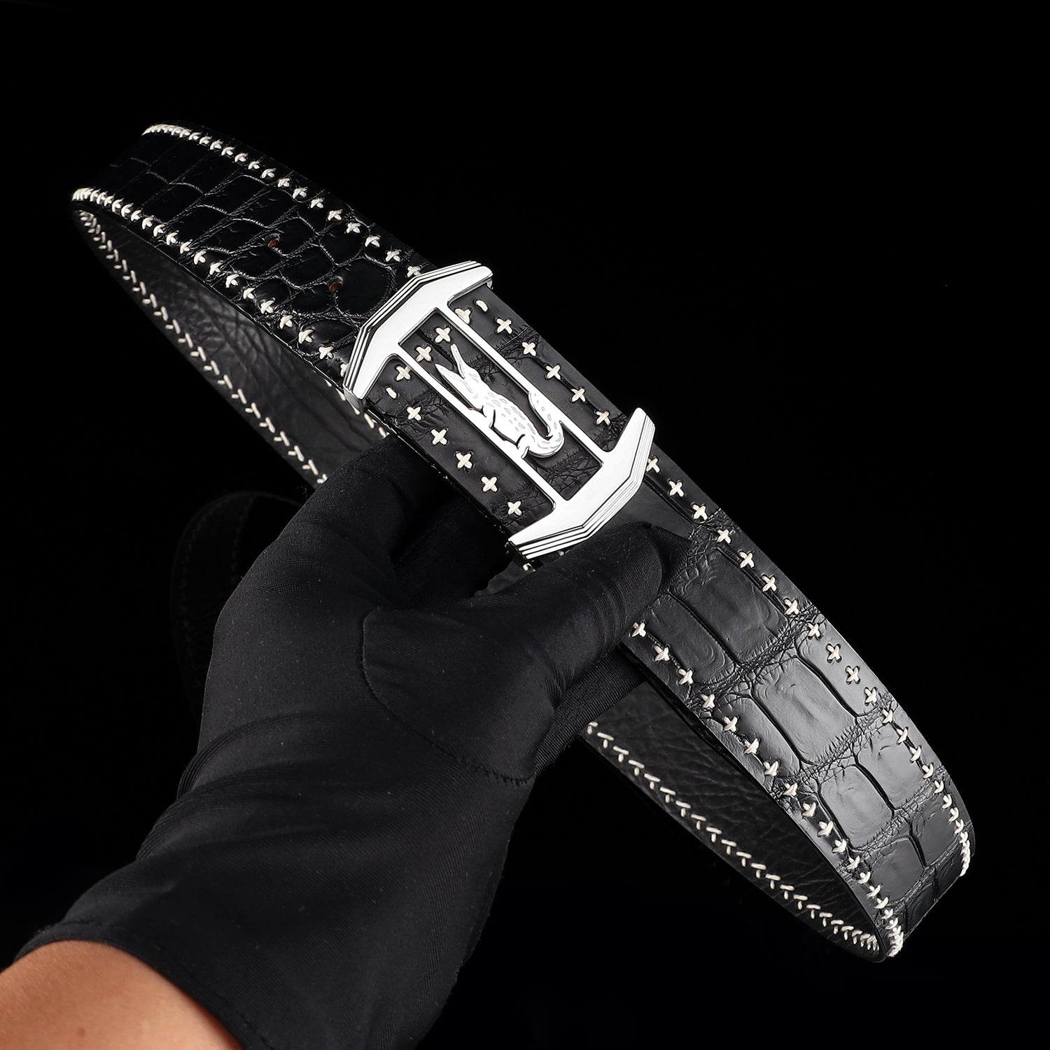 Black Real Crocodile Leather Belt For Men — buckle close-up | BELTLEY