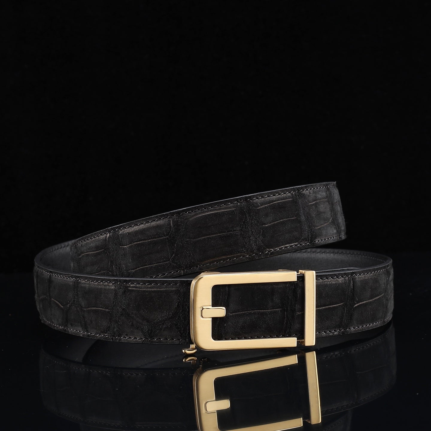 BELTLEY Black Sueded Nile Crocodile Leather Belt