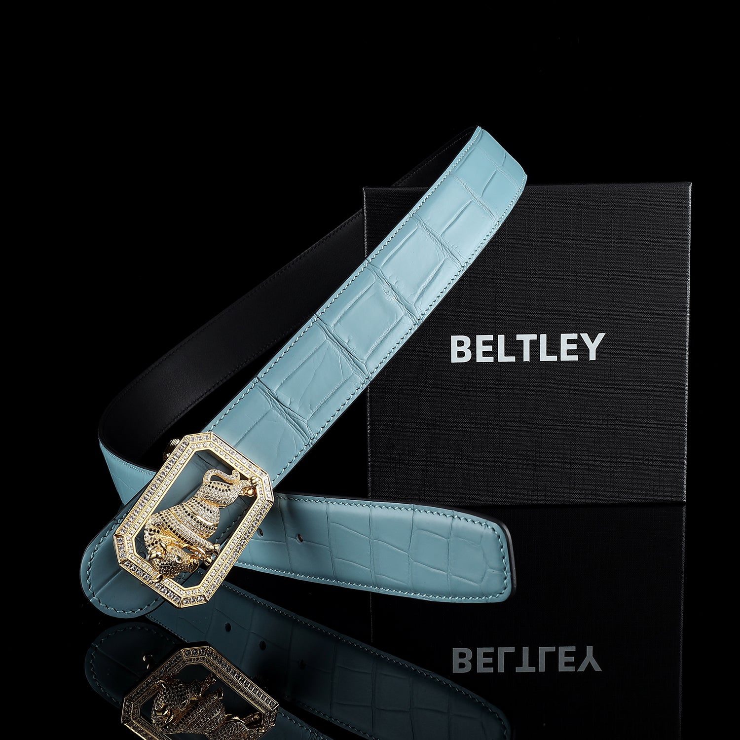 BELTLEY Blue Crocodile Skin Belt for Men with Bull Buckle