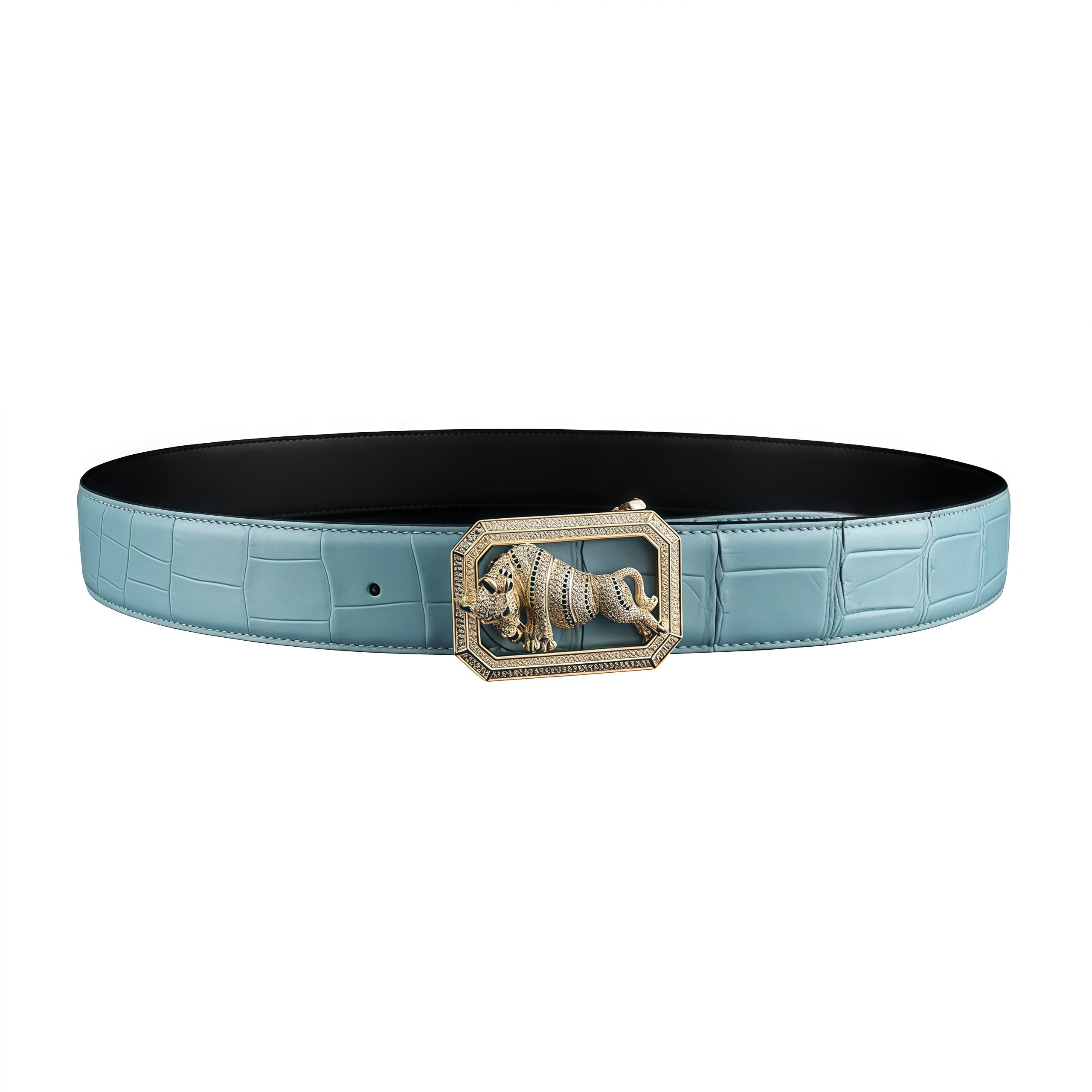BELTLEY Blue Crocodile Skin Belt for Men with Bull Buckle