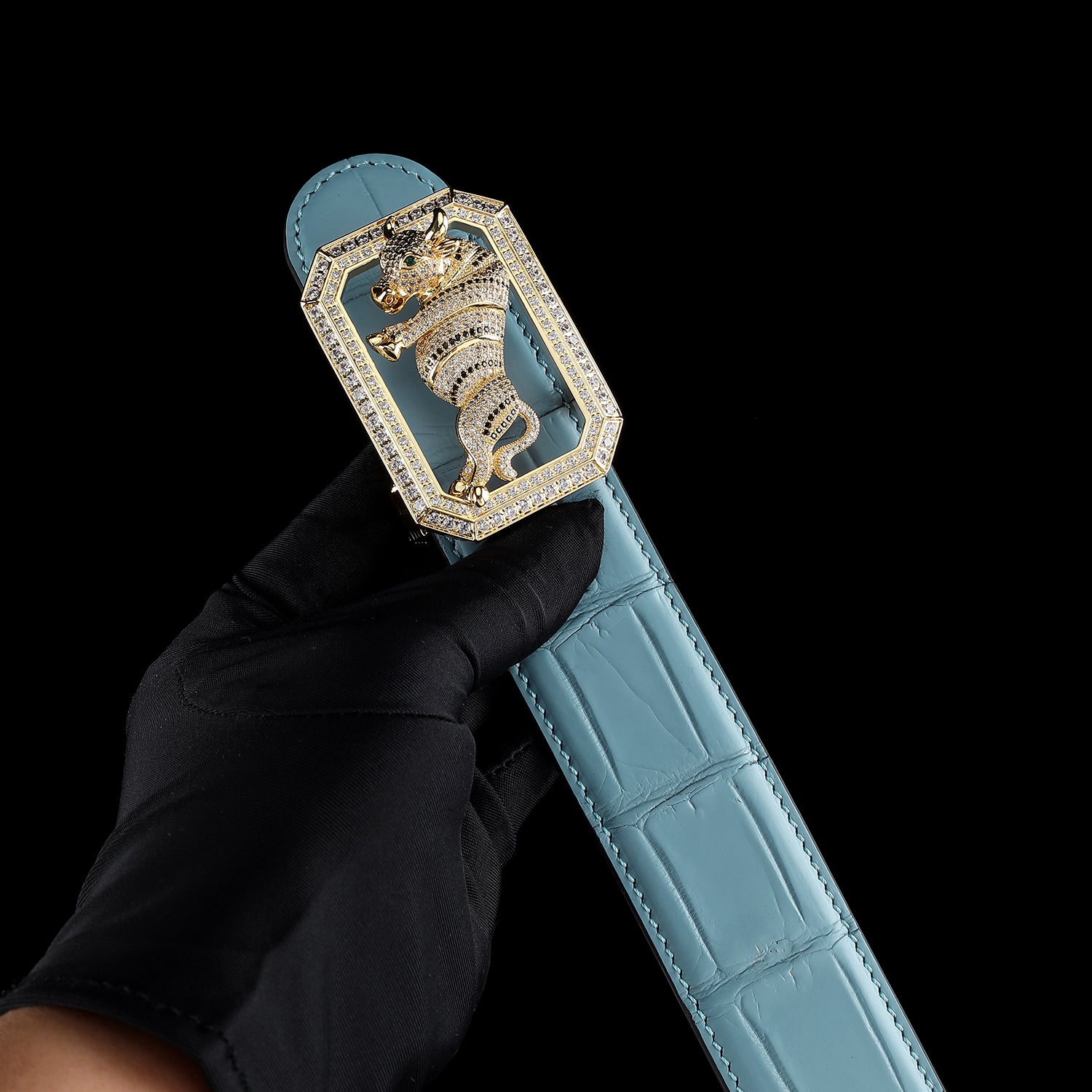 BELTLEY Blue Crocodile Skin Belt for Men with Bull Buckle