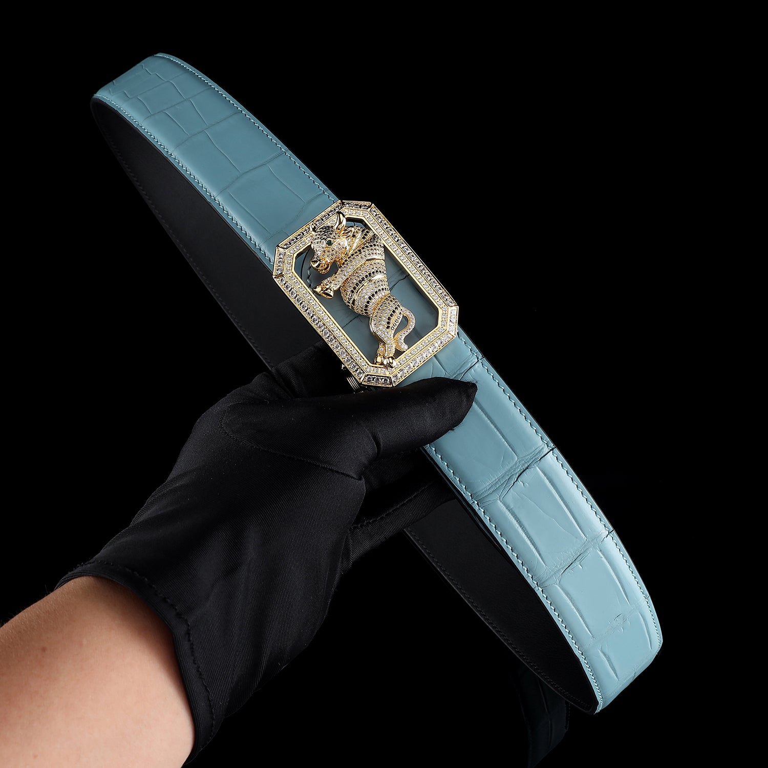 BELTLEY Blue Crocodile Skin Belt for Men with Bull Buckle