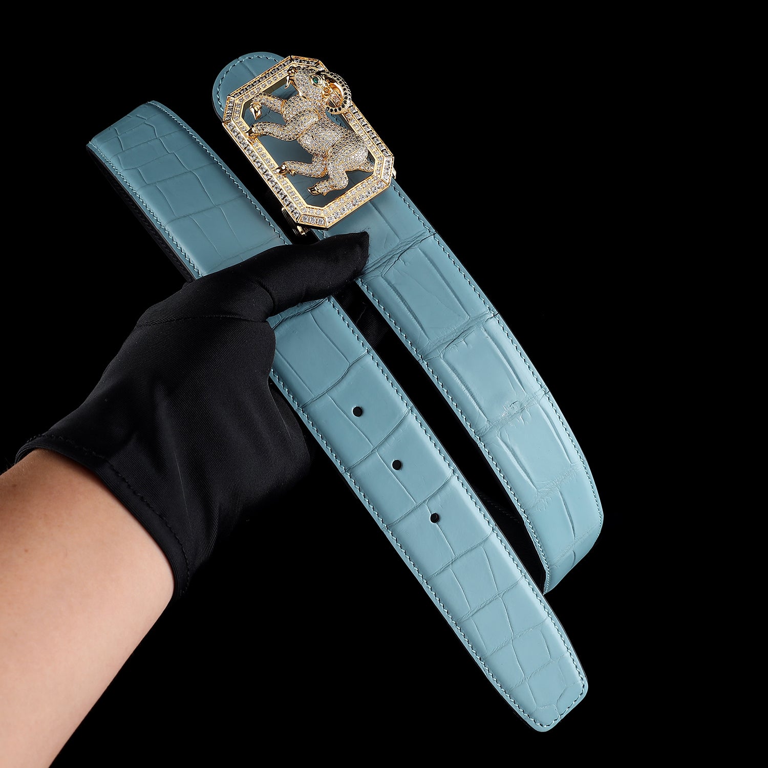 BELTLEY Blue Exotic Crocodile Leather Belt with Goat Buckle