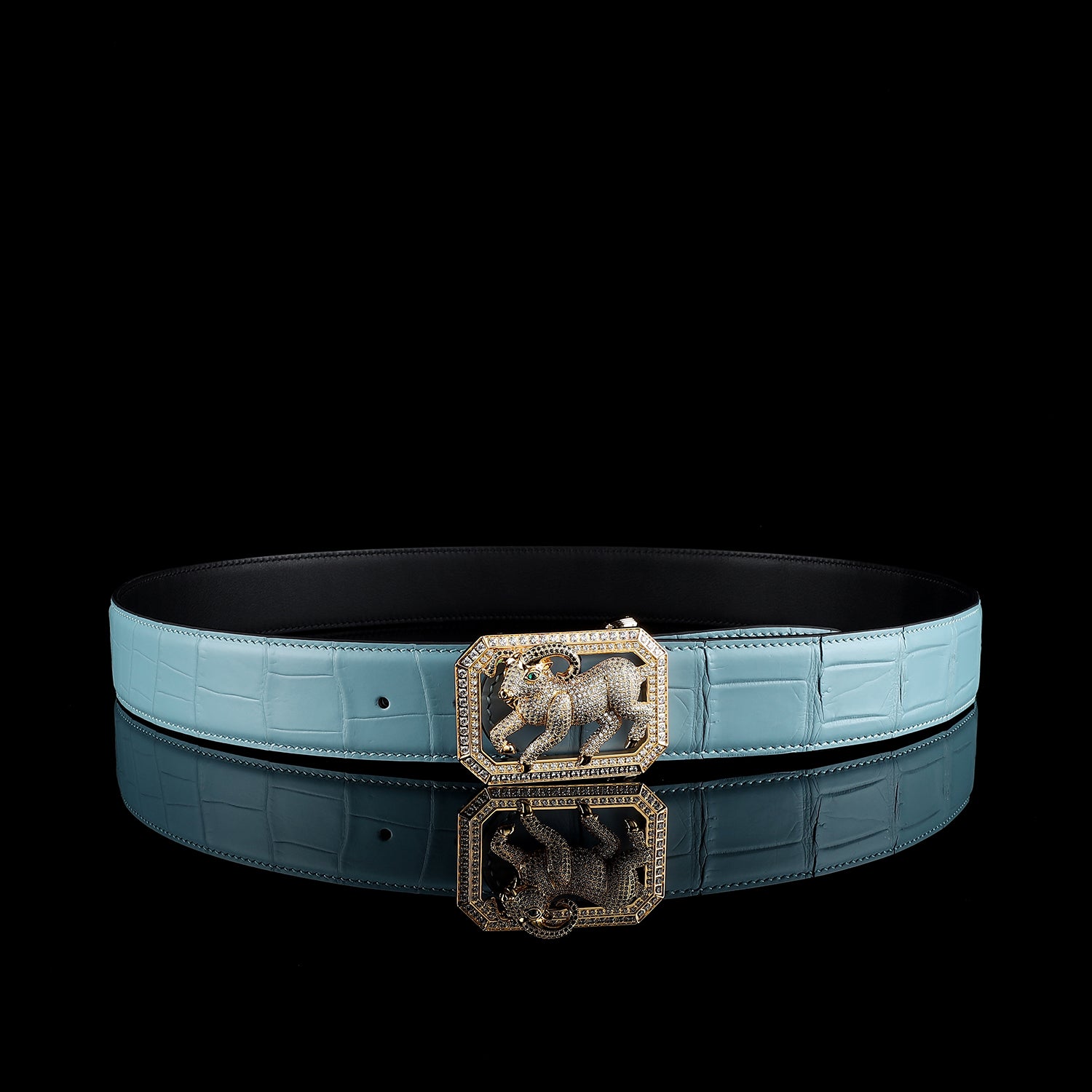BELTLEY Blue Exotic Crocodile Leather Belt with Goat Buckle
