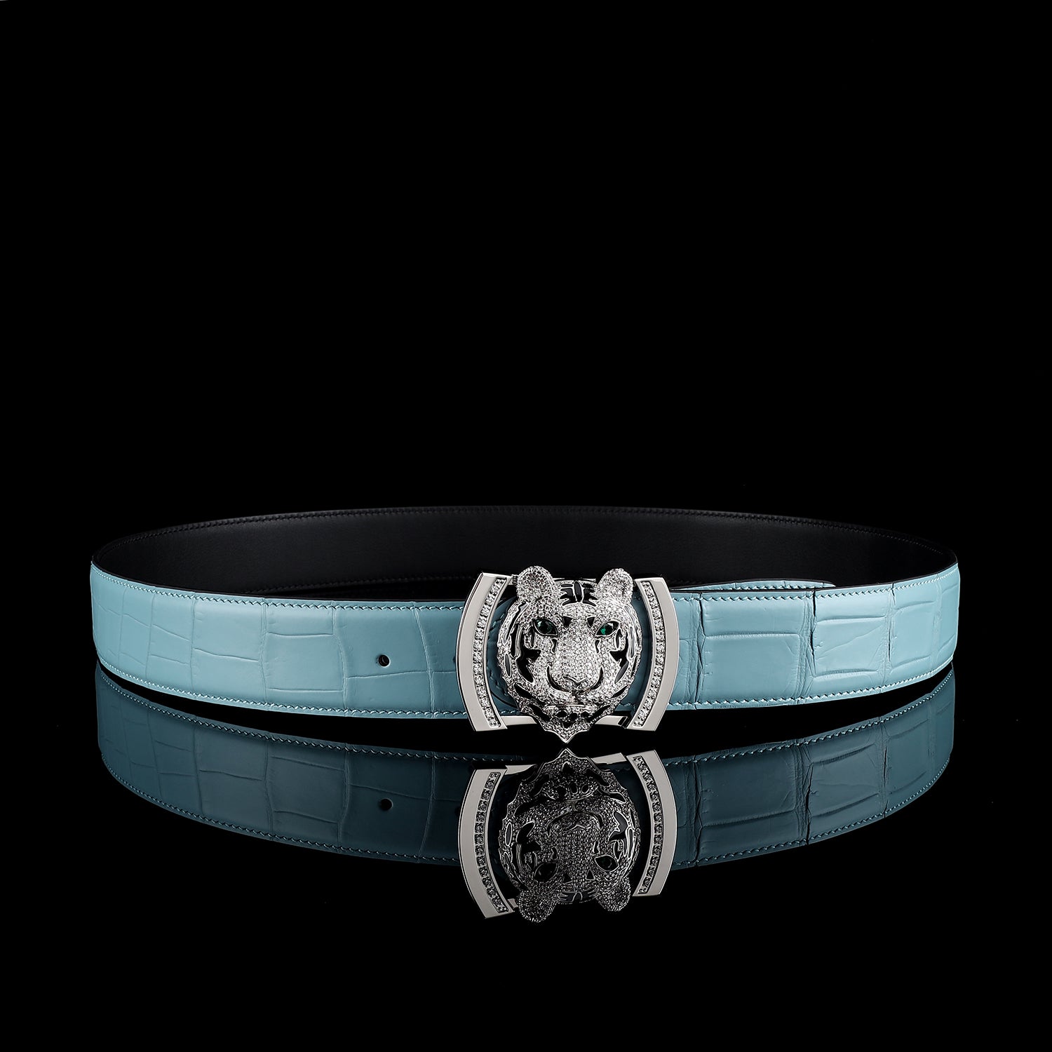 BELTLEY Blue Real Crocodile Leather Belt With Silver Tiger Buckle