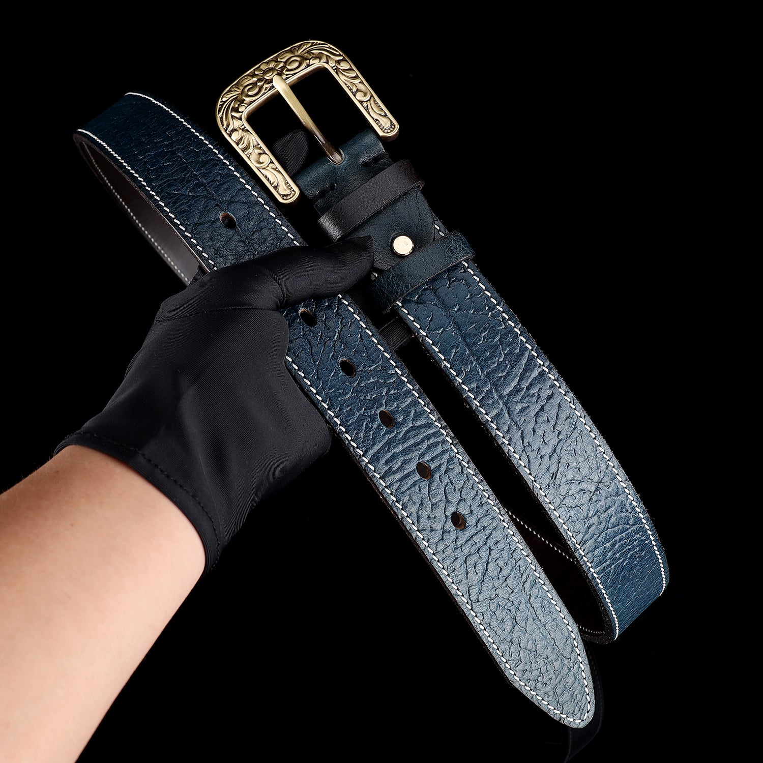 BELTLEY Blue Vintage Leather Belt – Solid Floral Brass Buckle