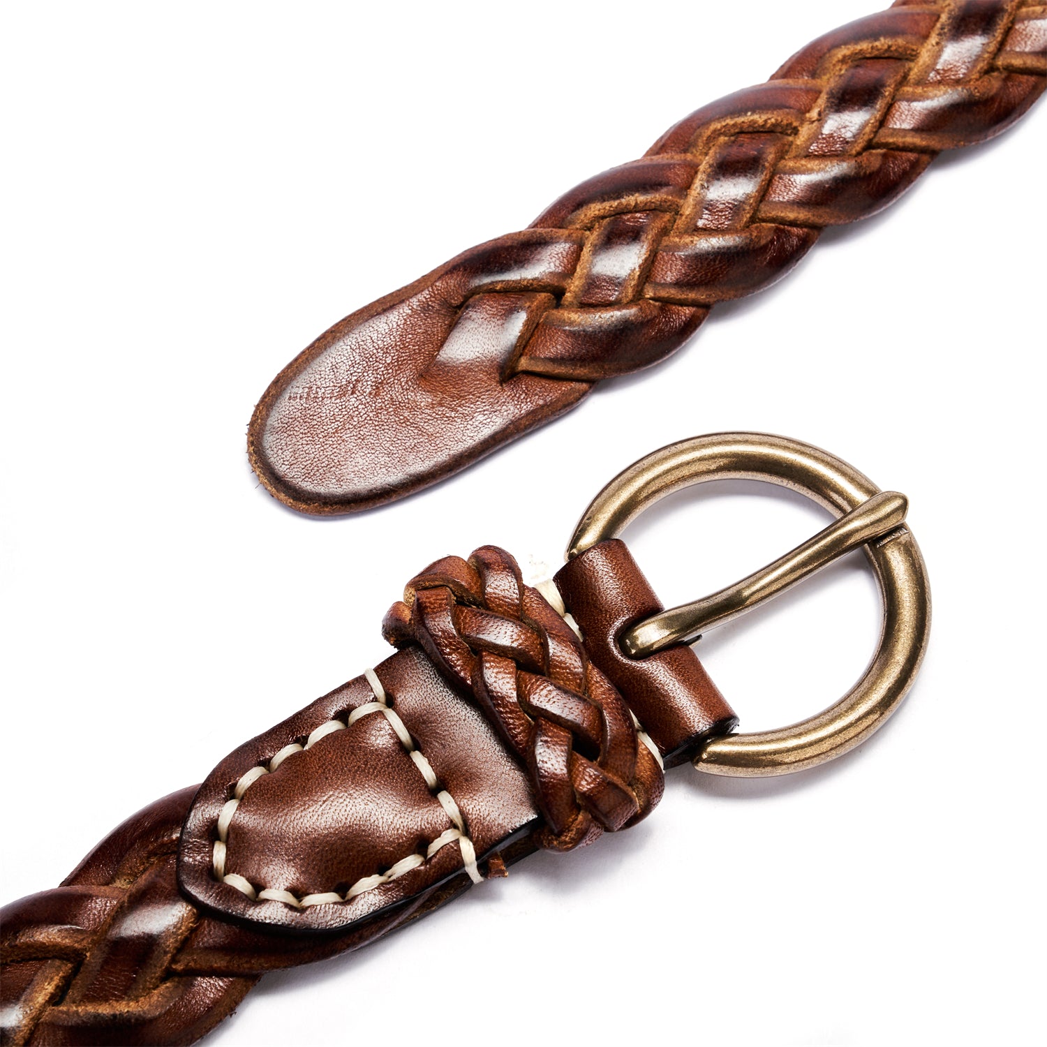 BELTLEY Brown Braided Leather Belt with O-Buckle-1 Inches