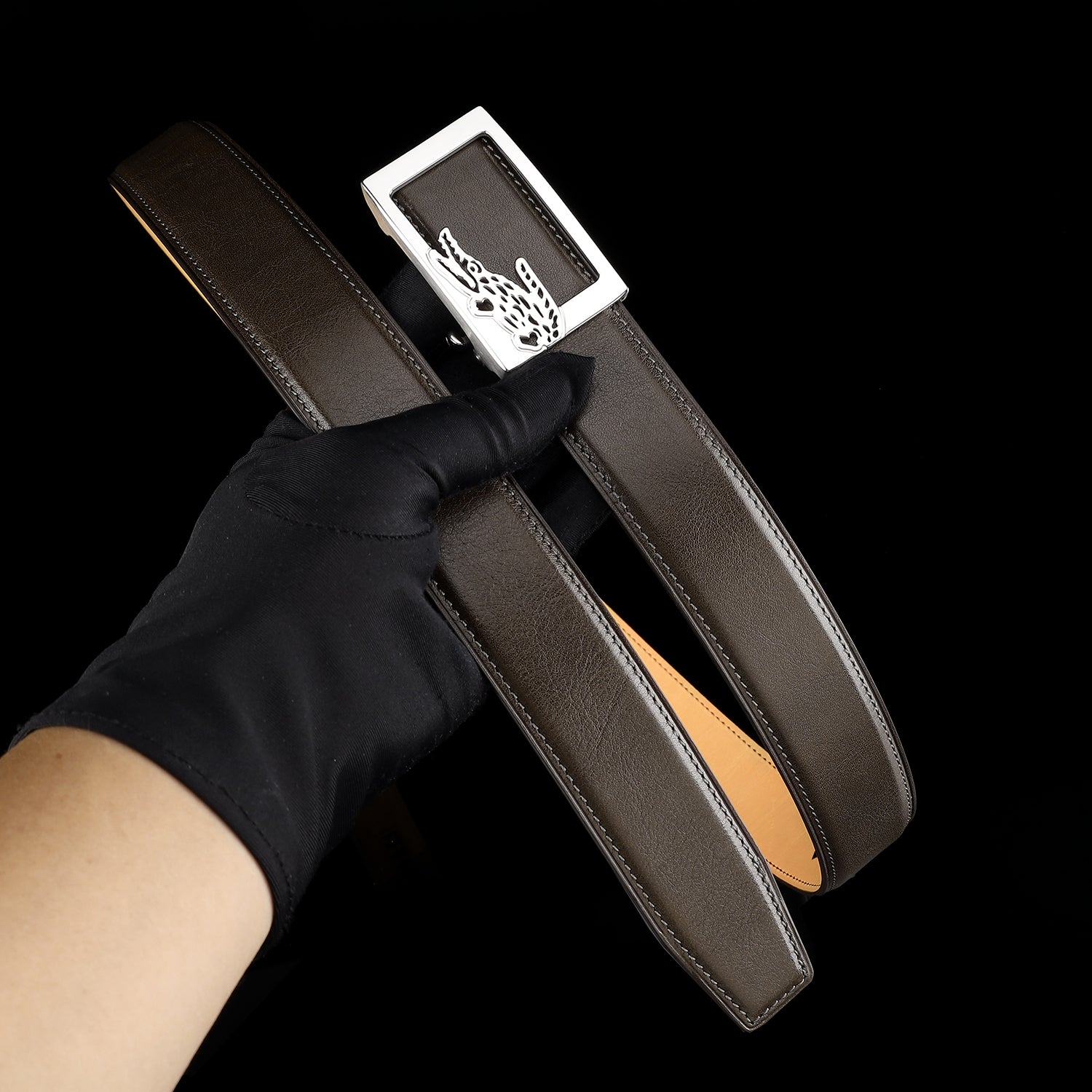 Brown Calfskin Leather Belt with Crocodile Buckle — additional view 11 | BELTLEY