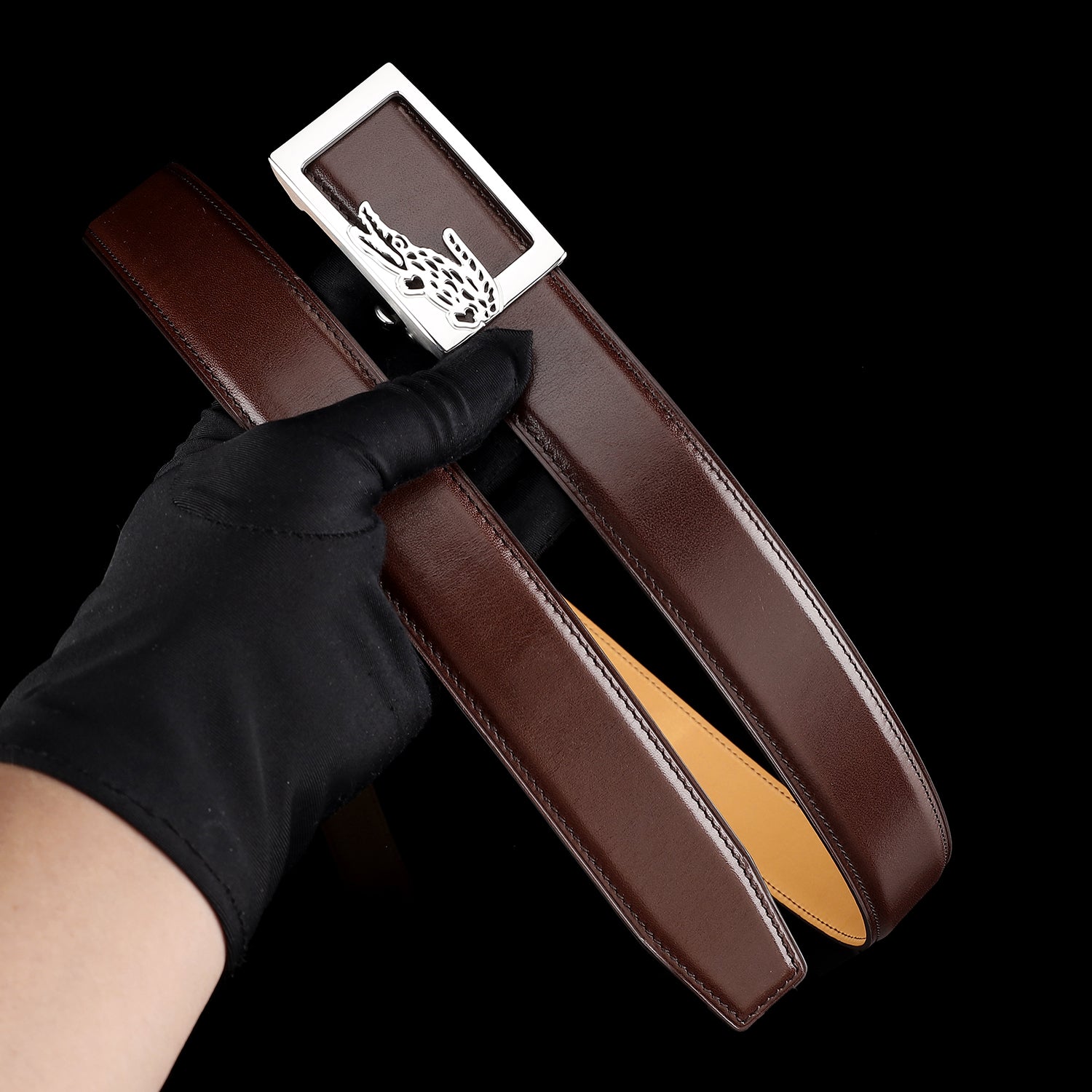 Brown Calfskin Leather Belt with Crocodile Buckle — detail close-up | BELTLEY