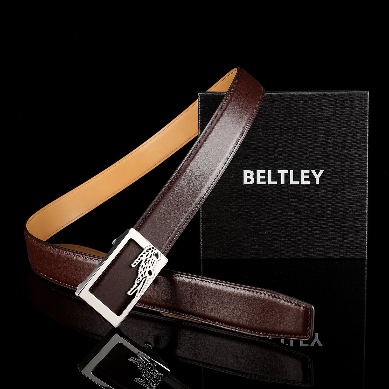 Brown Calfskin Leather Belt with Crocodile Buckle — buckle close-up | BELTLEY