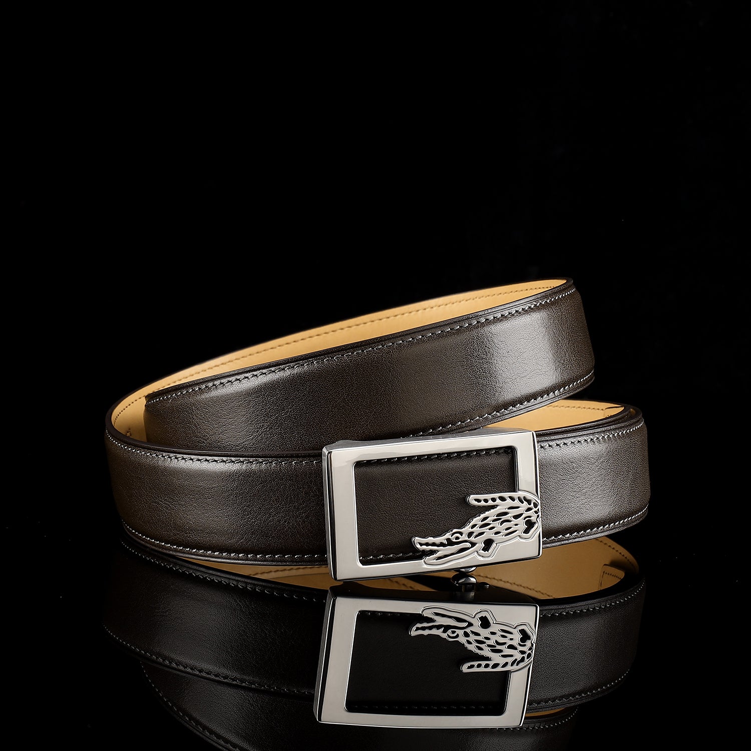 Brown Calfskin Leather Belt with Crocodile Buckle — additional view 12 | BELTLEY