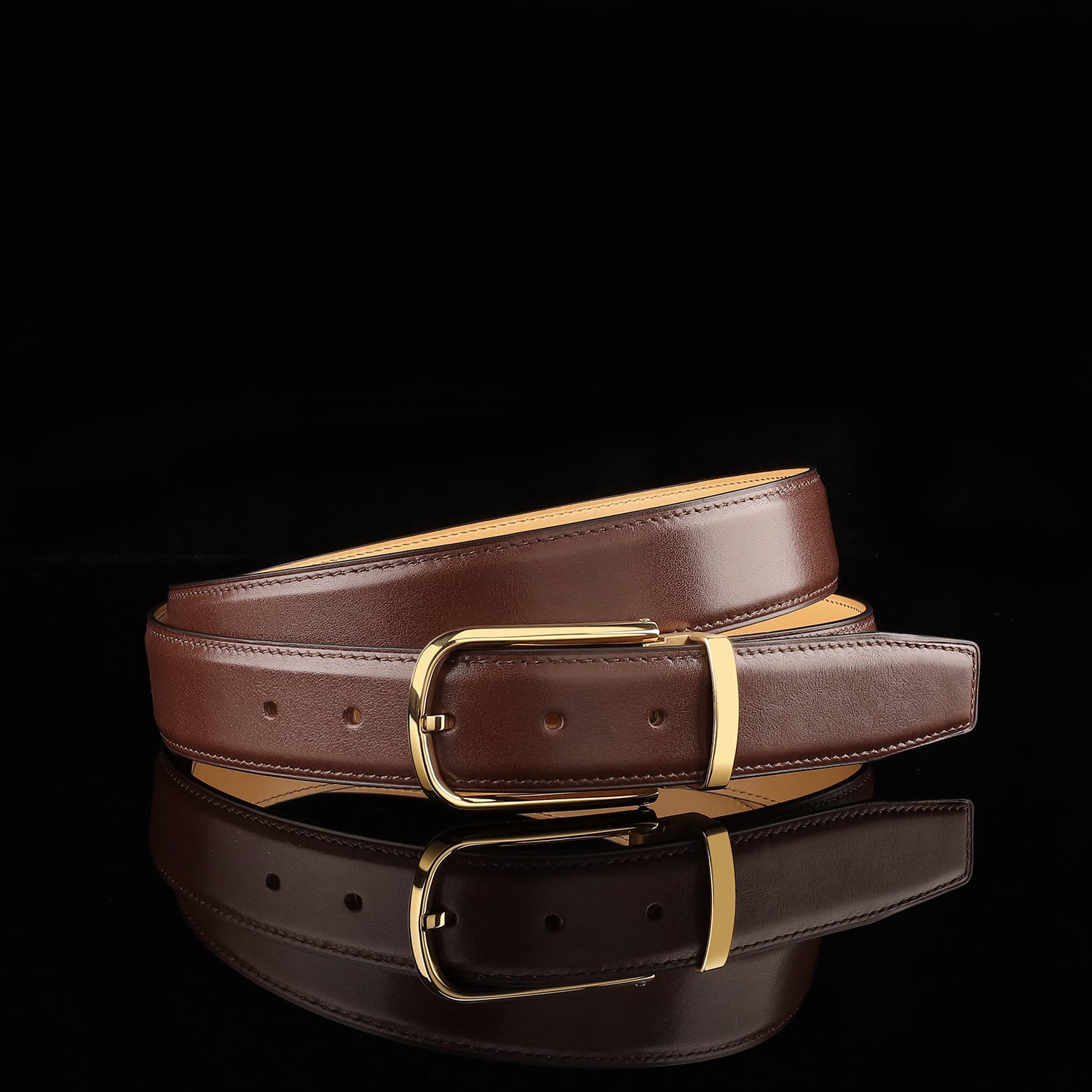 BELTLEY Brown Calfskin Leather Belt with Gold  Prong Buckle