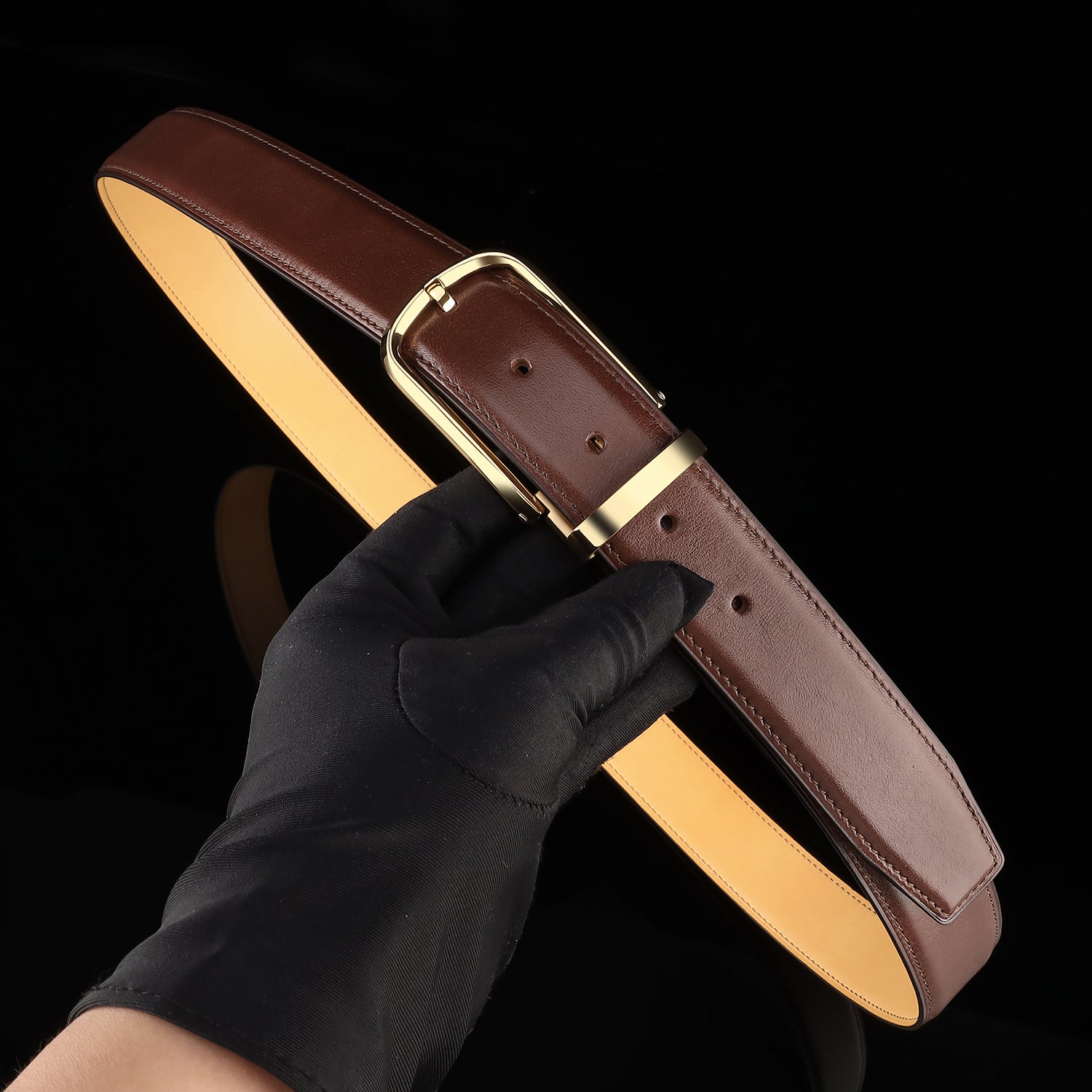 BELTLEY Brown Calfskin Leather Belt with Gold  Prong Buckle