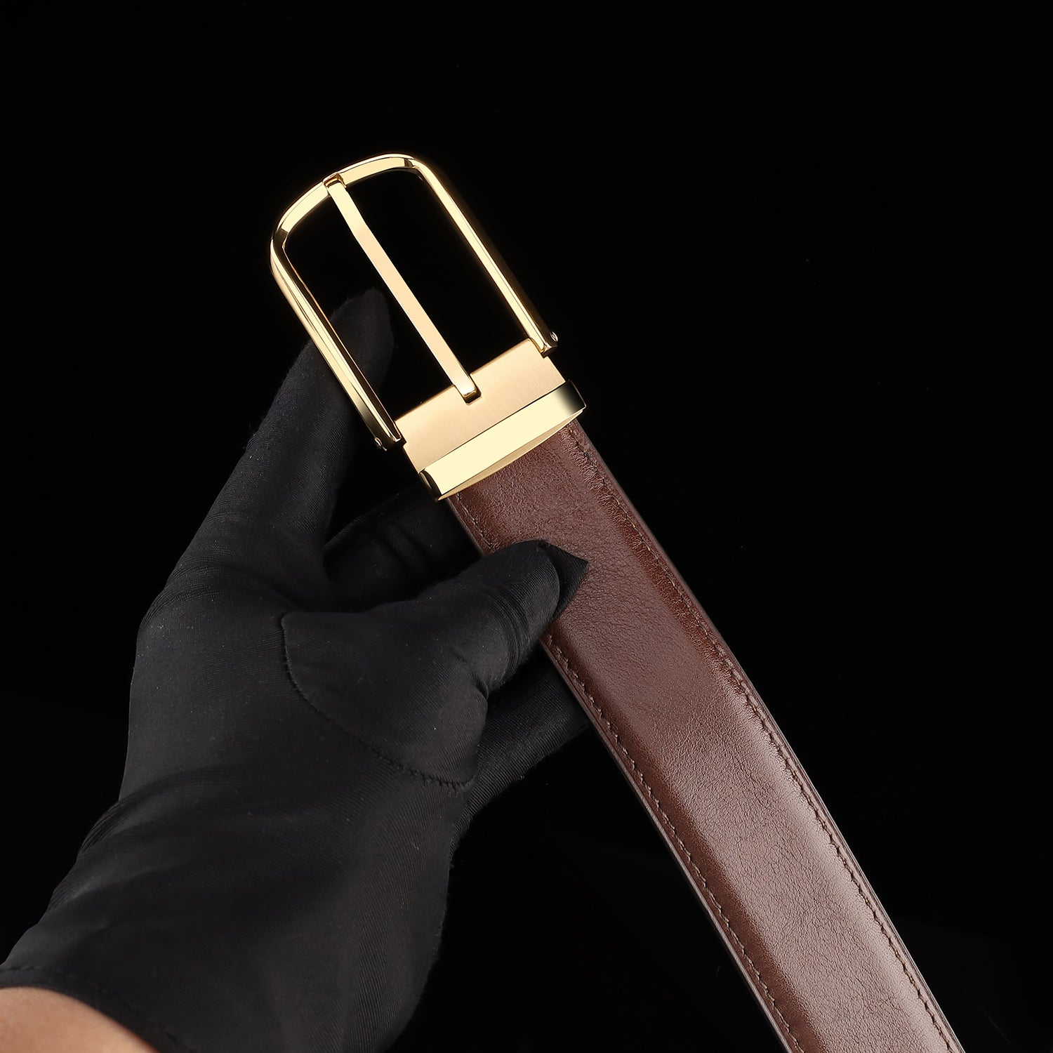 BELTLEY Brown Calfskin Leather Belt with Gold  Prong Buckle
