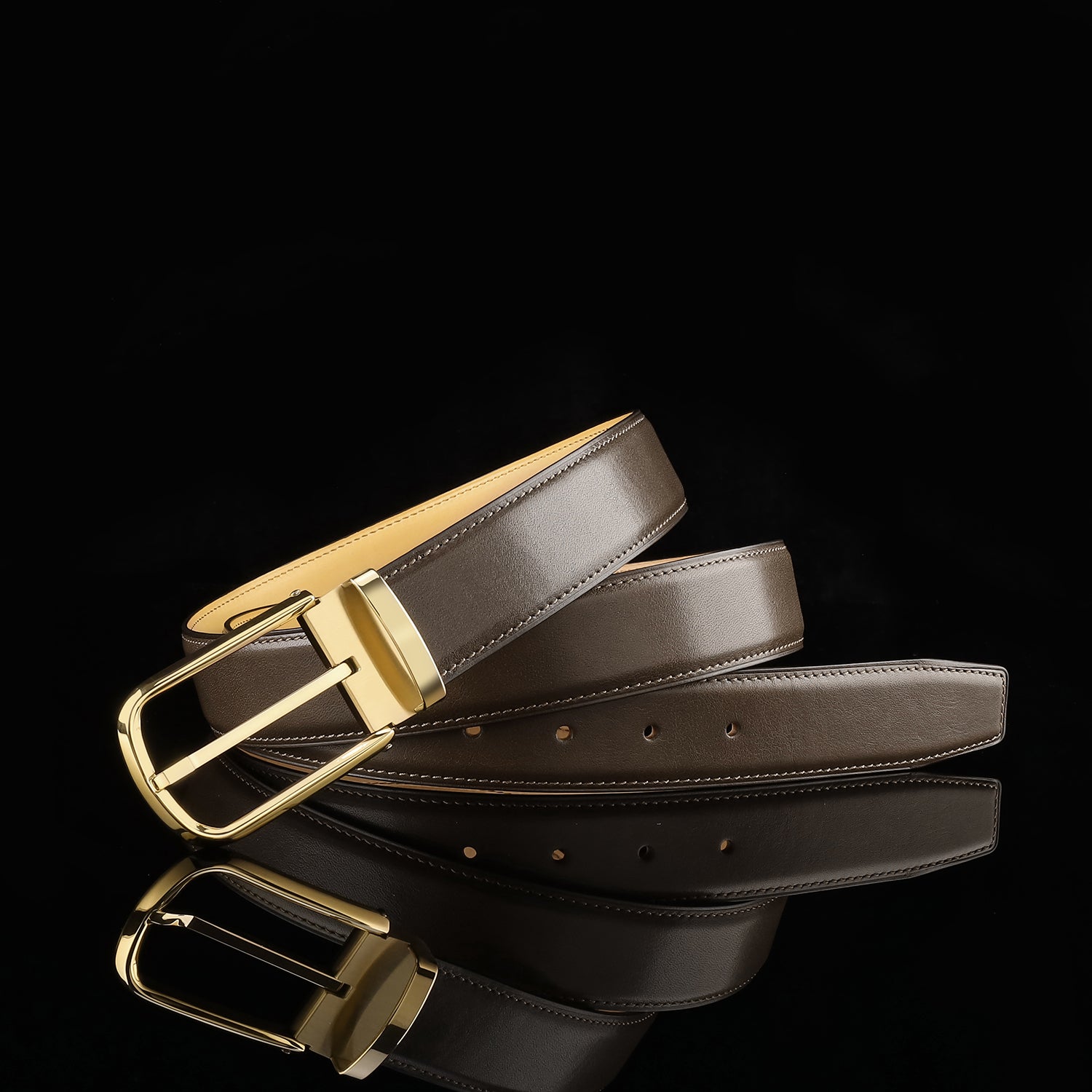 BELTLEY Brown Calfskin Leather Belt with Gold  Prong Buckle