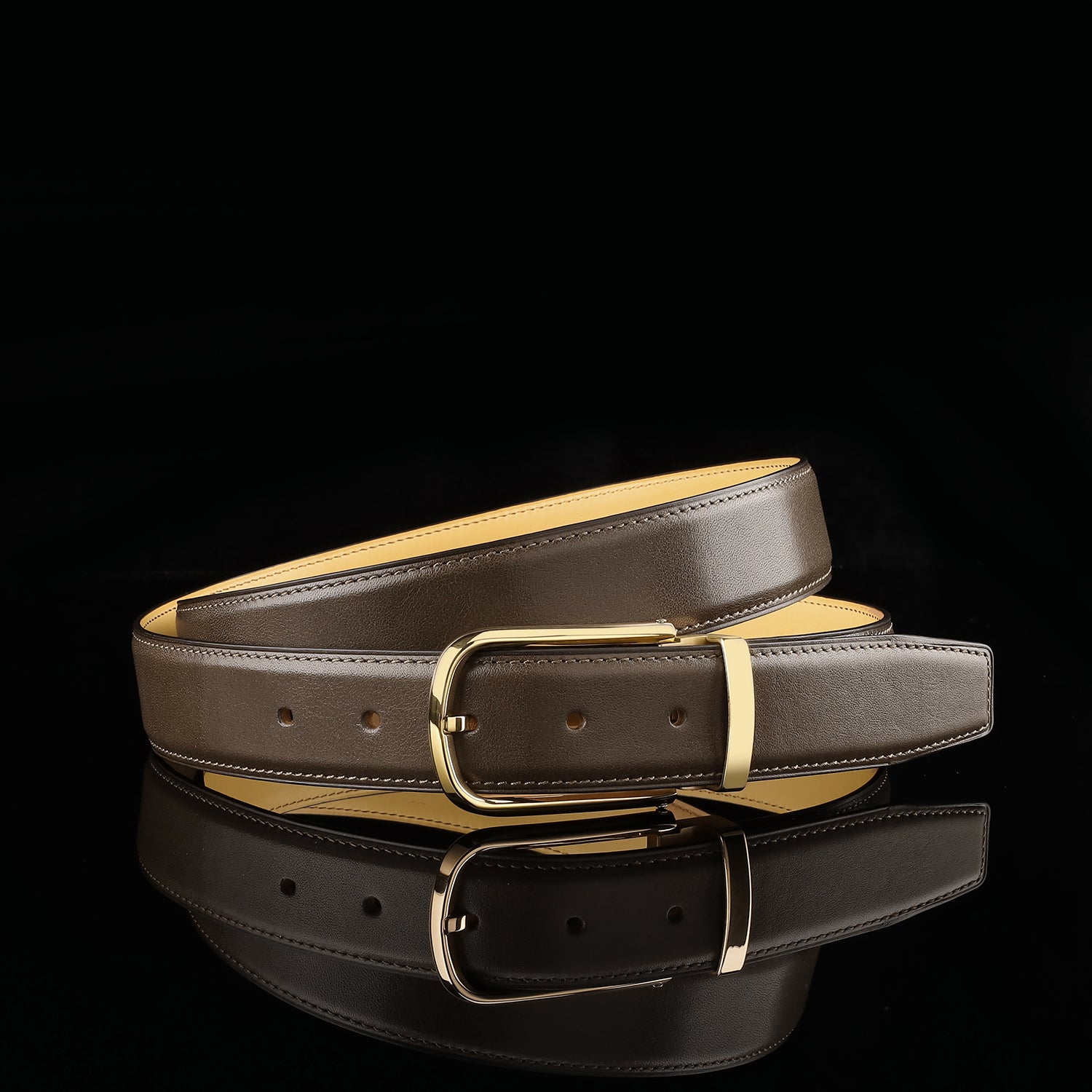 BELTLEY Brown Calfskin Leather Belt with Gold  Prong Buckle