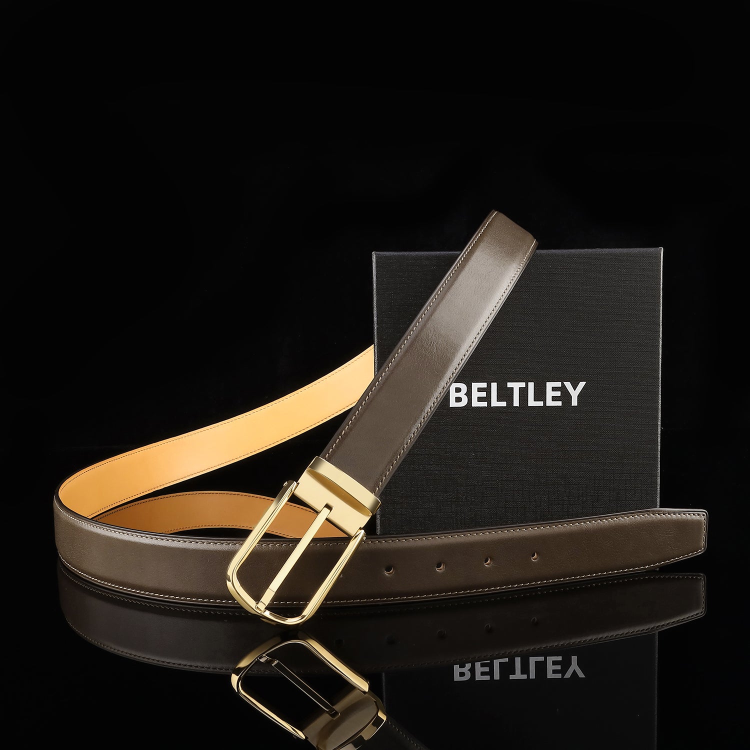 BELTLEY Brown Calfskin Leather Belt with Gold  Prong Buckle