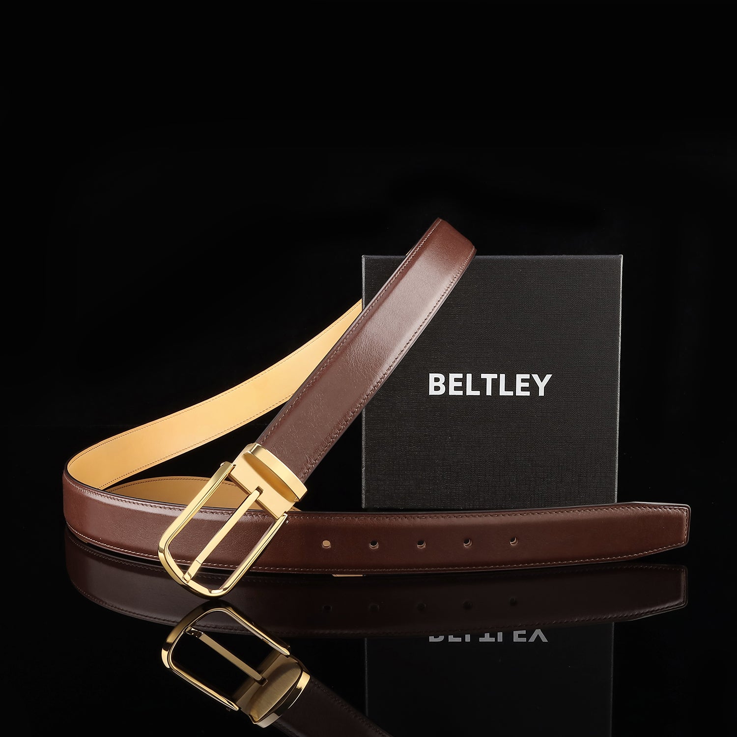 BELTLEY Brown Calfskin Leather Belt with Gold  Prong Buckle