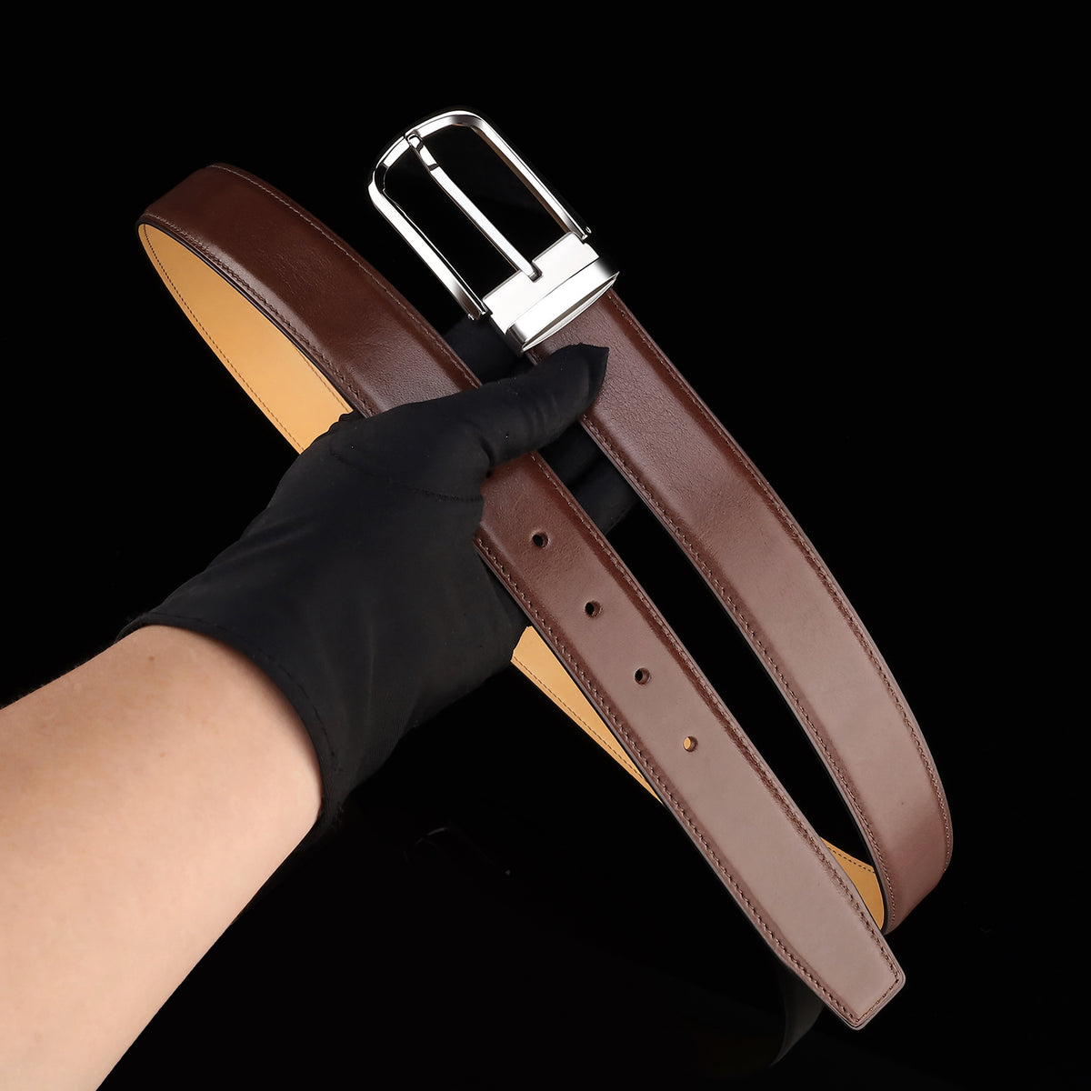 BELTLEY Brown Calfskin Leather Belt with Silver Buckle