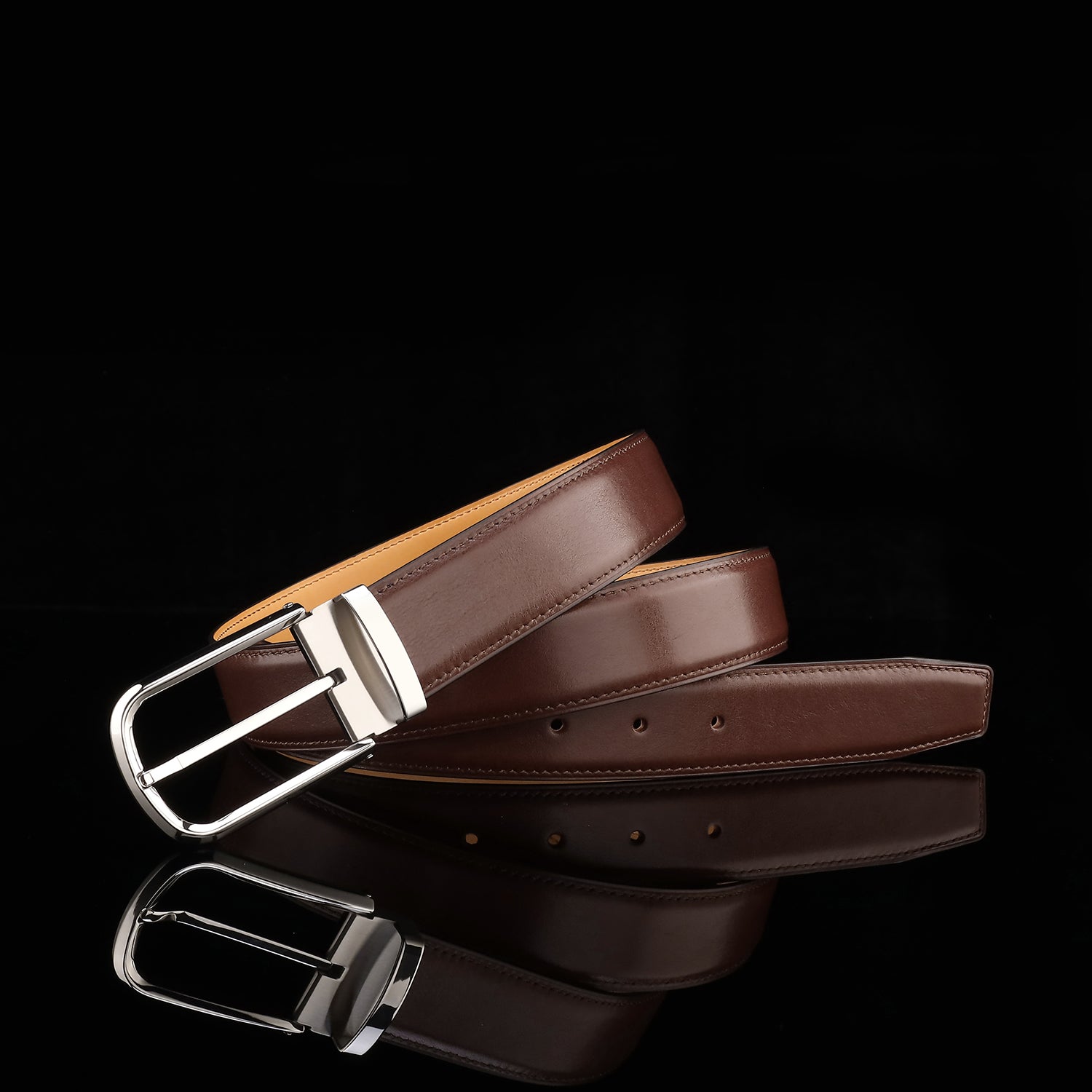 BELTLEY Brown Calfskin Leather Belt with Silver Buckle