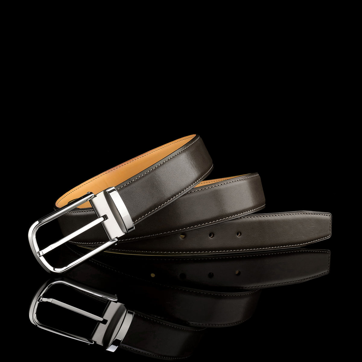 BELTLEY Brown Calfskin Leather Belt with Silver Buckle