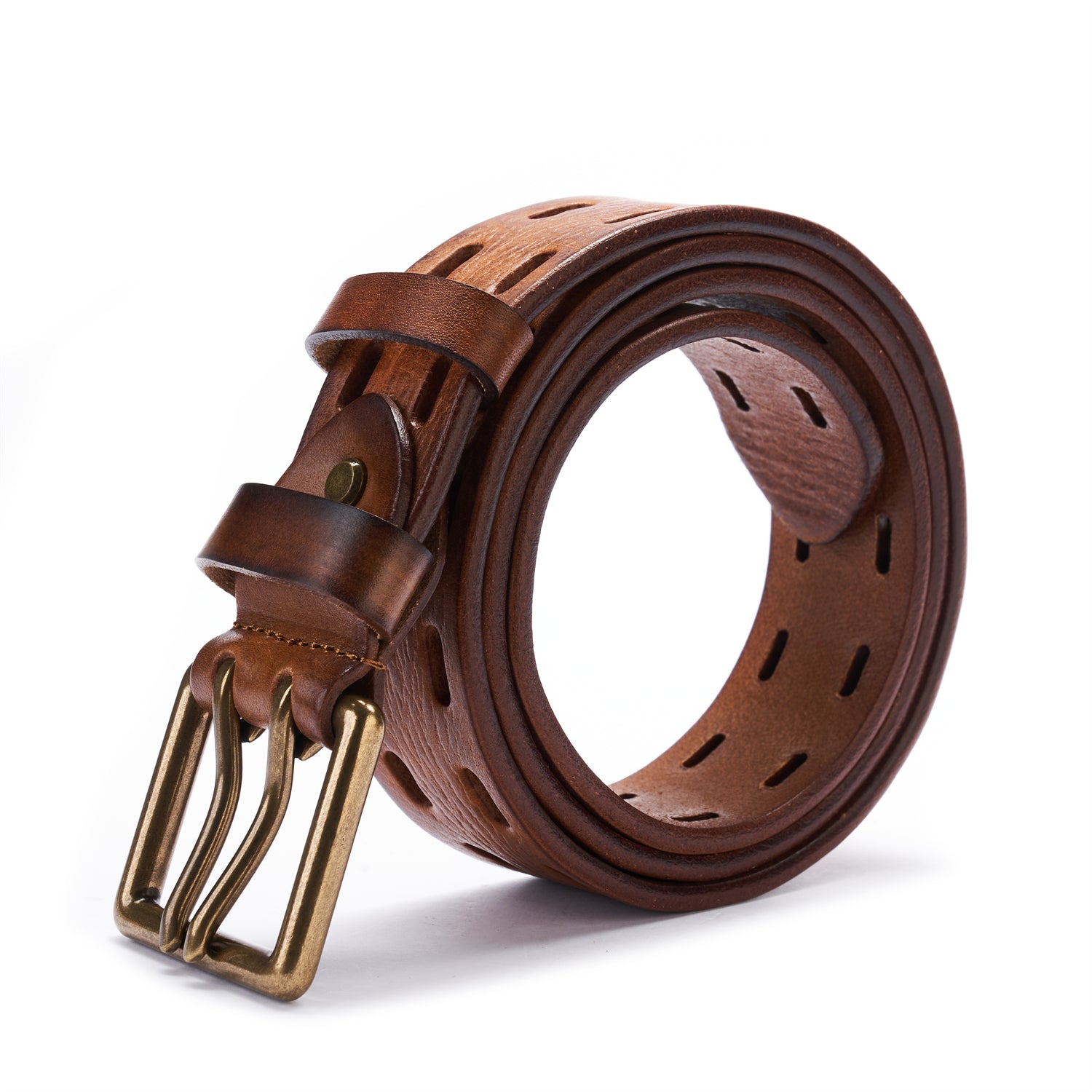BELTLEY Brown Double Prong Leather Belt for Men-1.5 inches