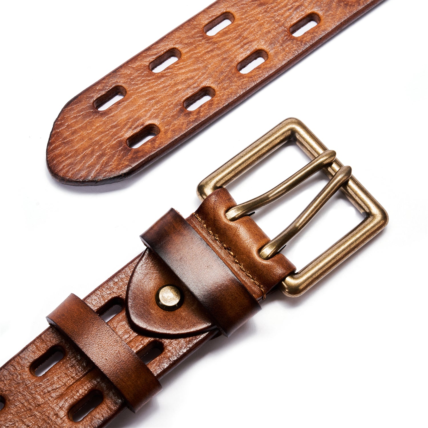 BELTLEY Brown Double Prong Leather Belt for Men-1.5 inches