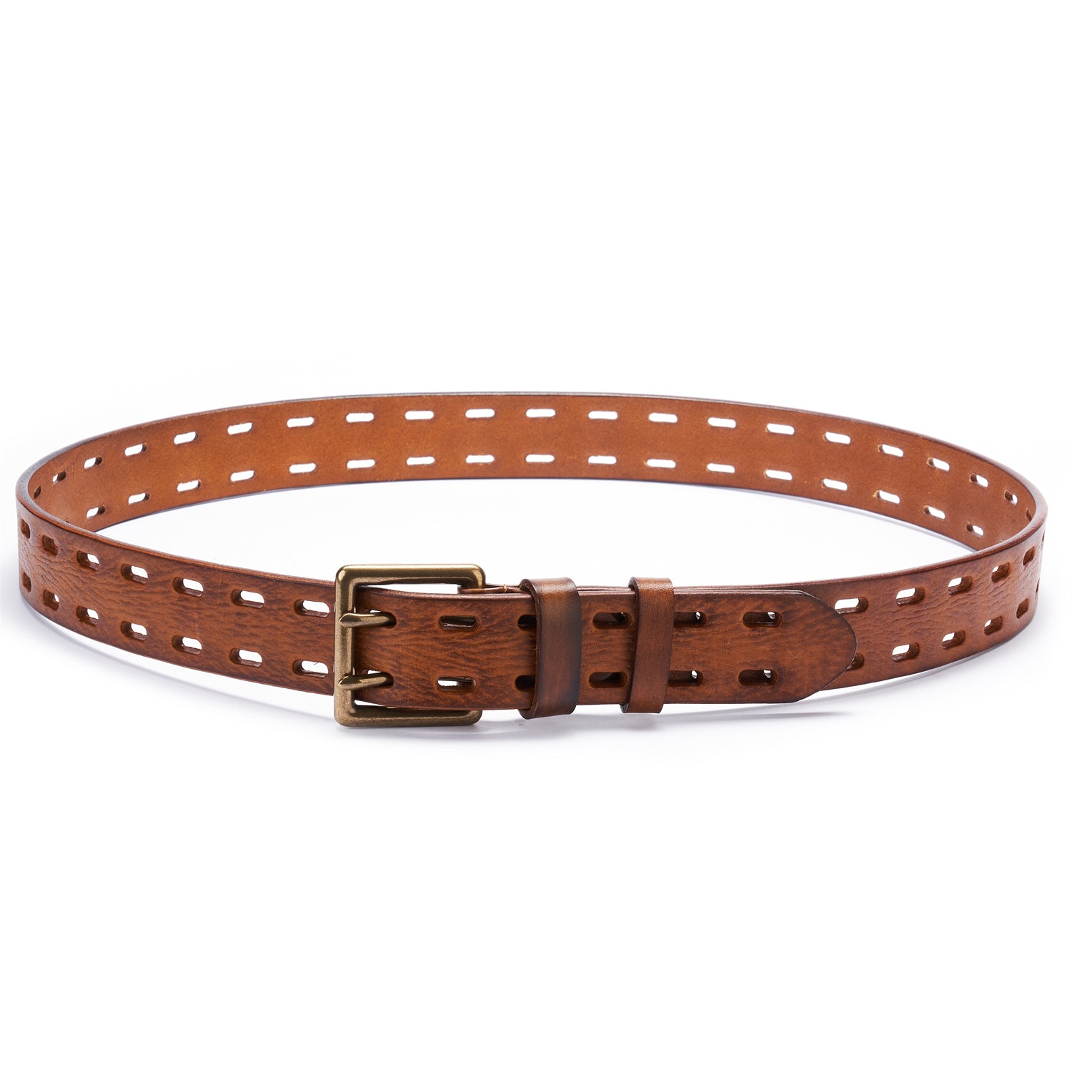 BELTLEY Brown Double Prong Leather Belt for Men-1.5 inches