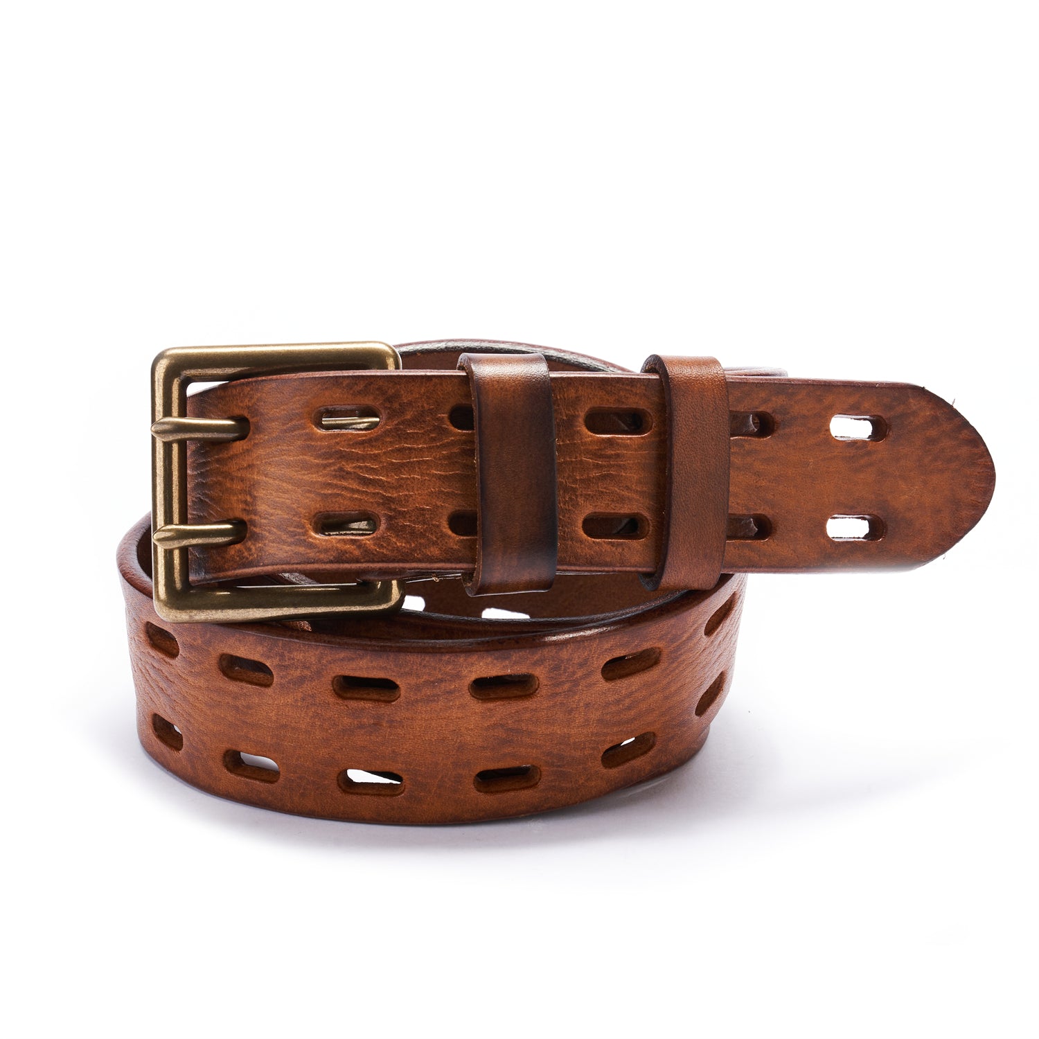 BELTLEY Brown Double Prong Leather Belt for Men-1.5 inches