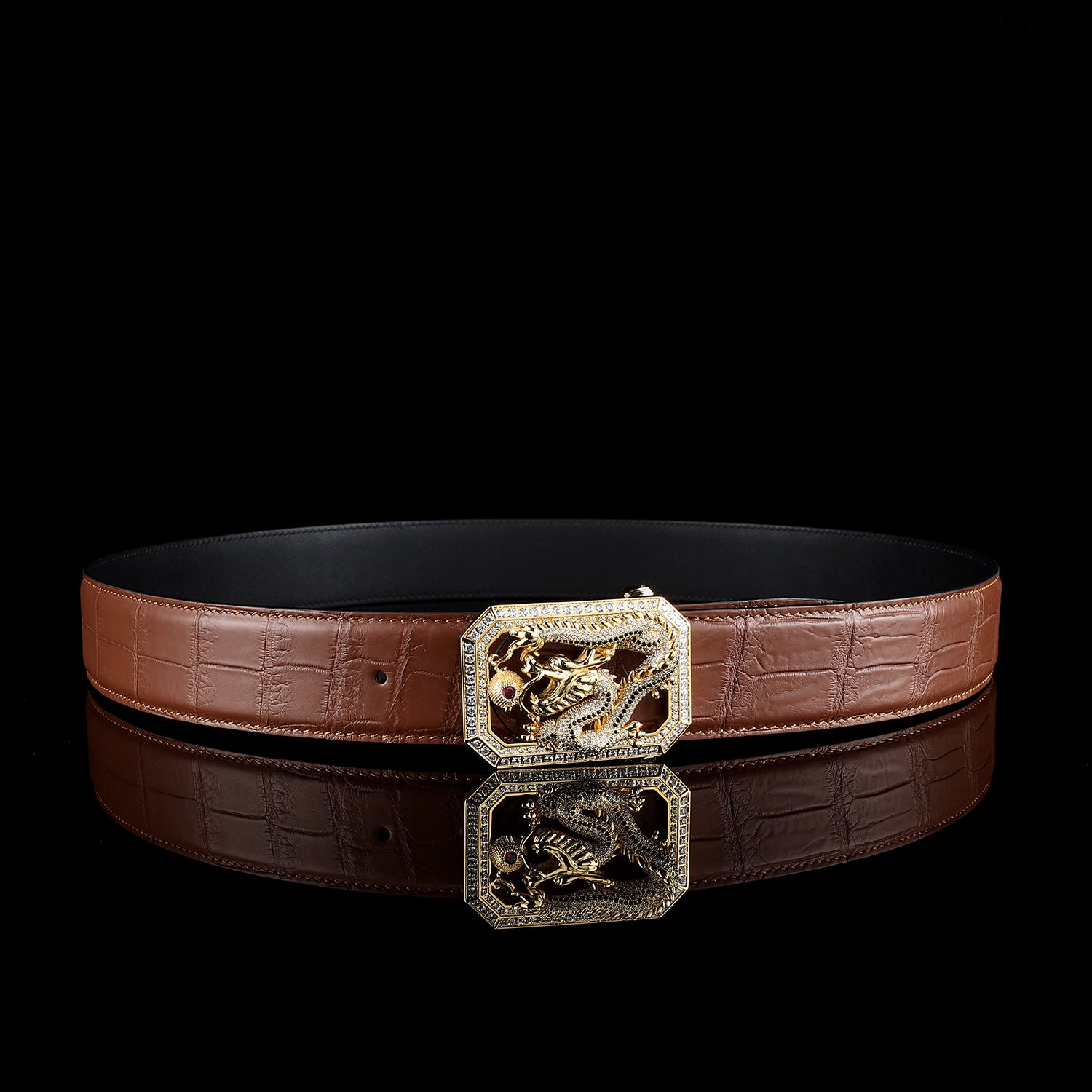BELTLEY Brown Genuine Crocodile Leather Belt
