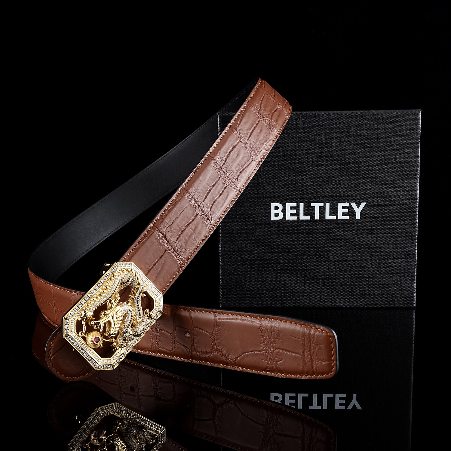 BELTLEY Brown Genuine Crocodile Leather Belt