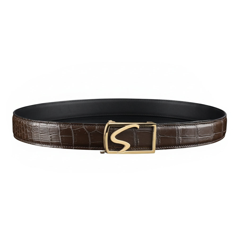 BELTLEY Brown Genuine Crocodile Leather Ratchet Belt Width 38mm