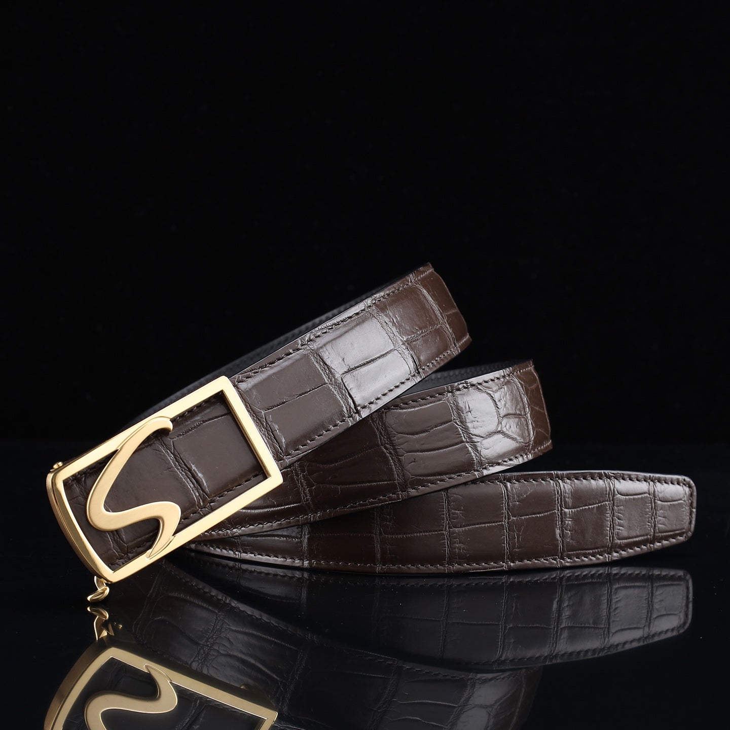 BELTLEY Brown Genuine Crocodile Leather Ratchet Belt Width 38mm