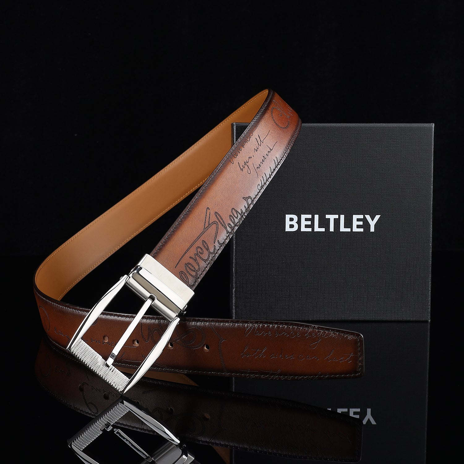 BELTLEY Brown Hand-Rubbed Patina Casual Belt 1.5 Inches