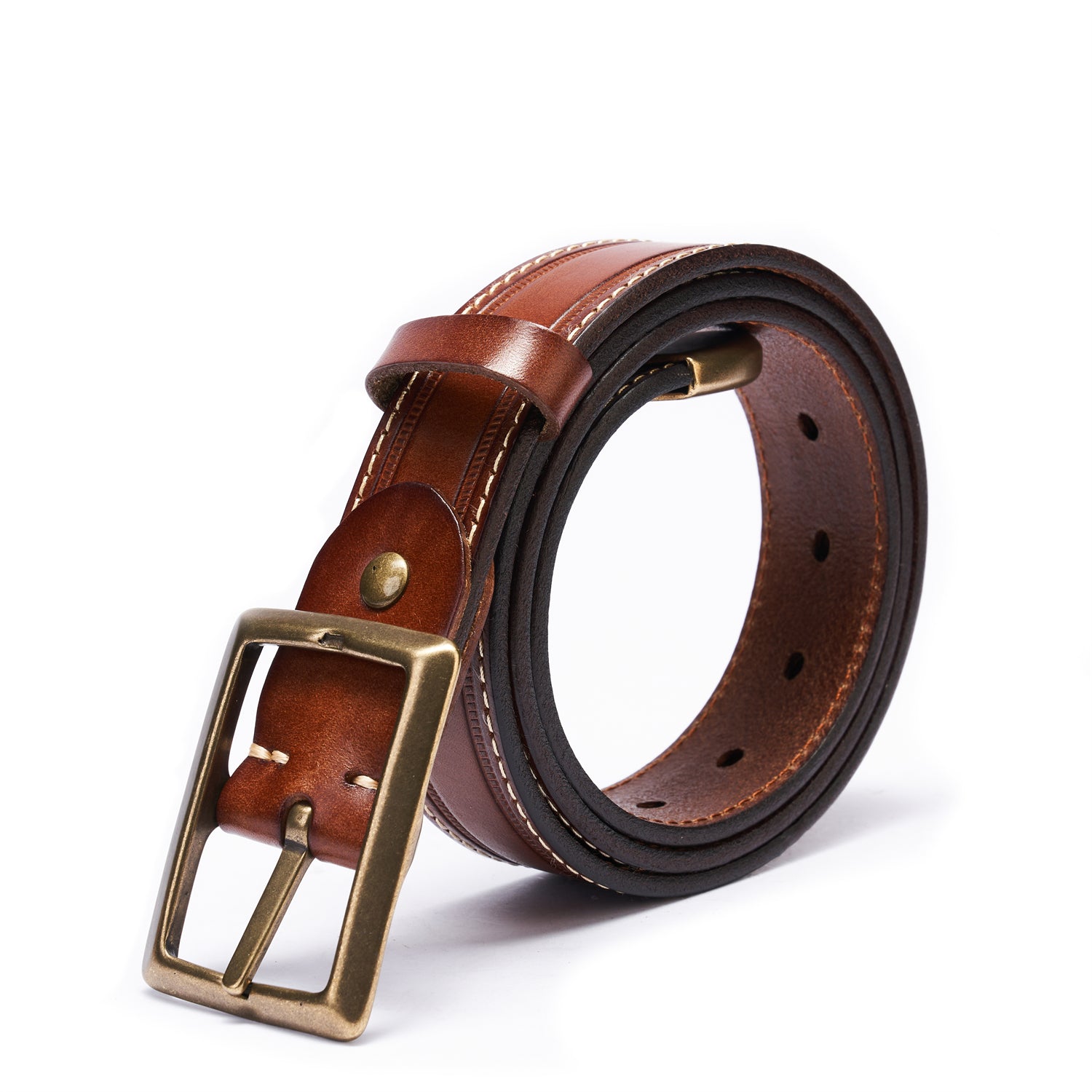 BELTLEY Brown Unisex  Leather Belt 35MM -Box Frame Bronze Buckle