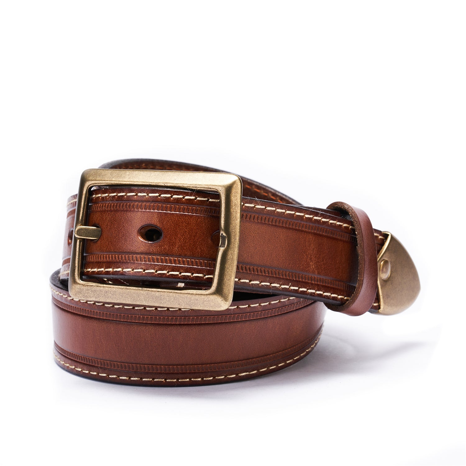BELTLEY Brown Unisex  Leather Belt 35MM -Box Frame Bronze Buckle