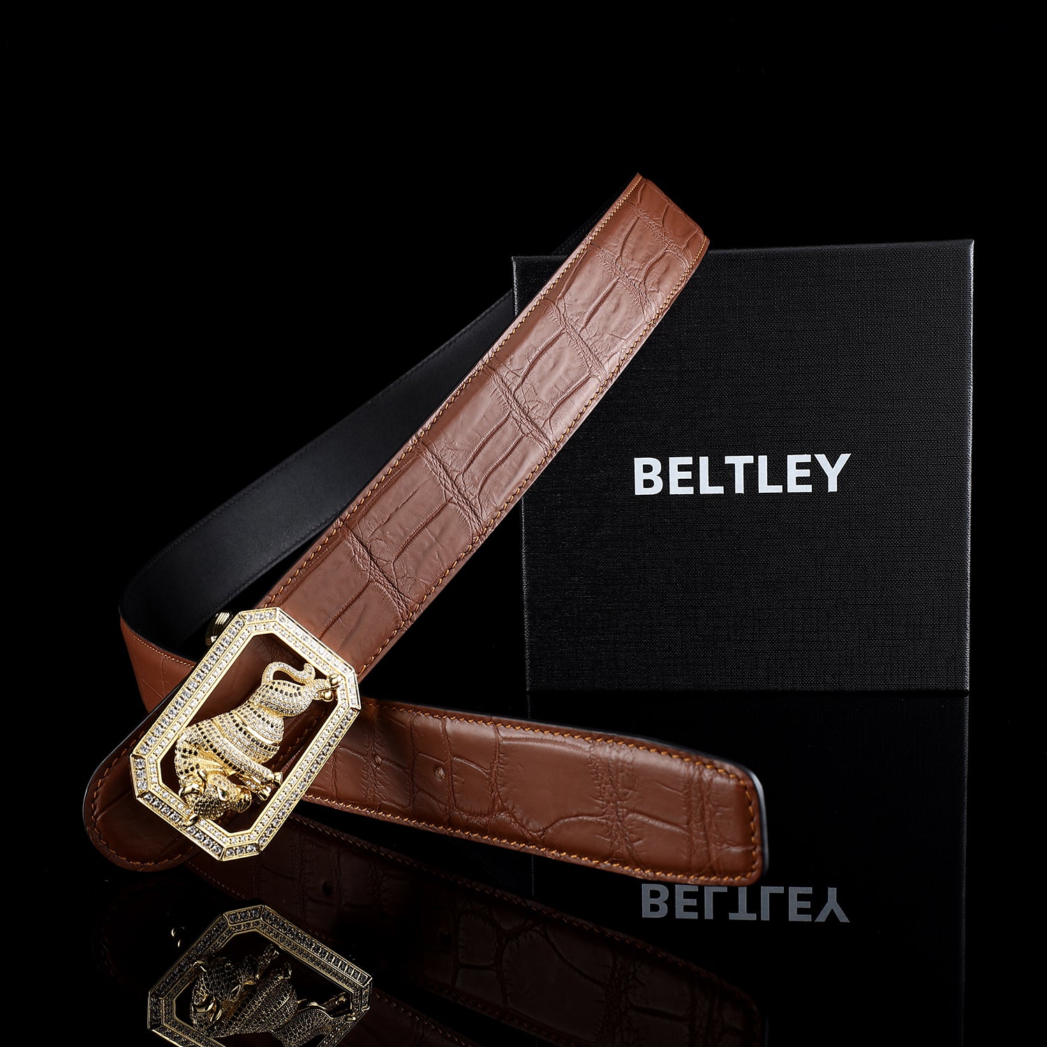 BELTLEY Chestnut Brown Crocodile Skin Leather Belt