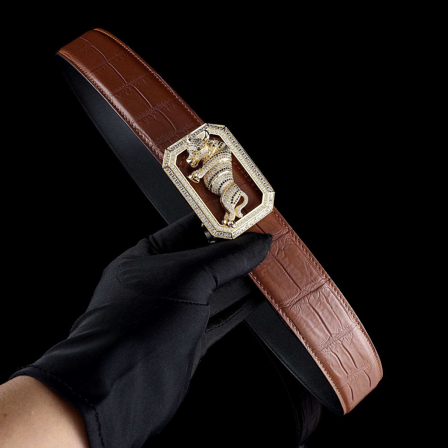 BELTLEY Chestnut Brown Crocodile Skin Leather Belt