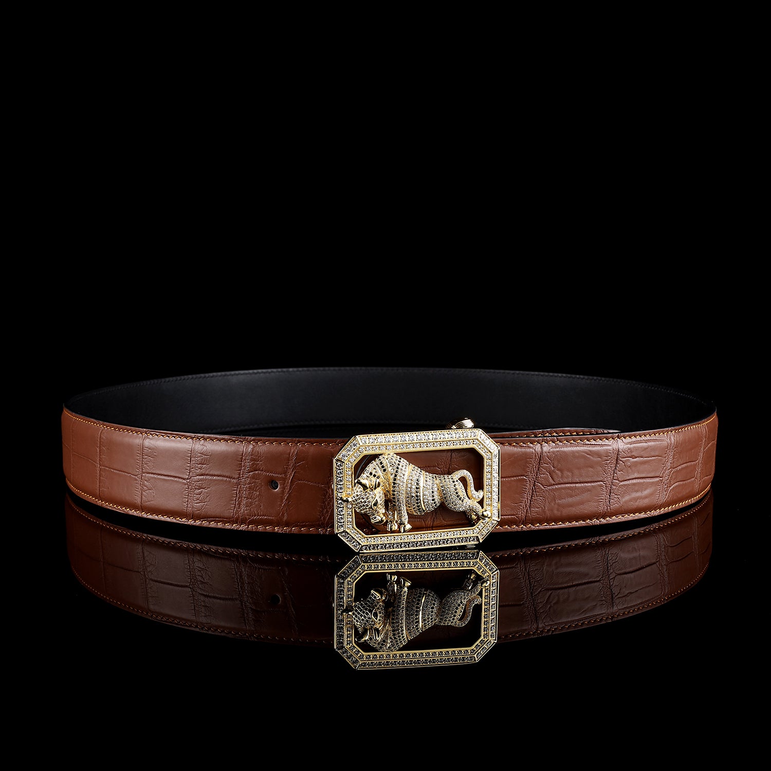BELTLEY Chestnut Brown Crocodile Skin Leather Belt