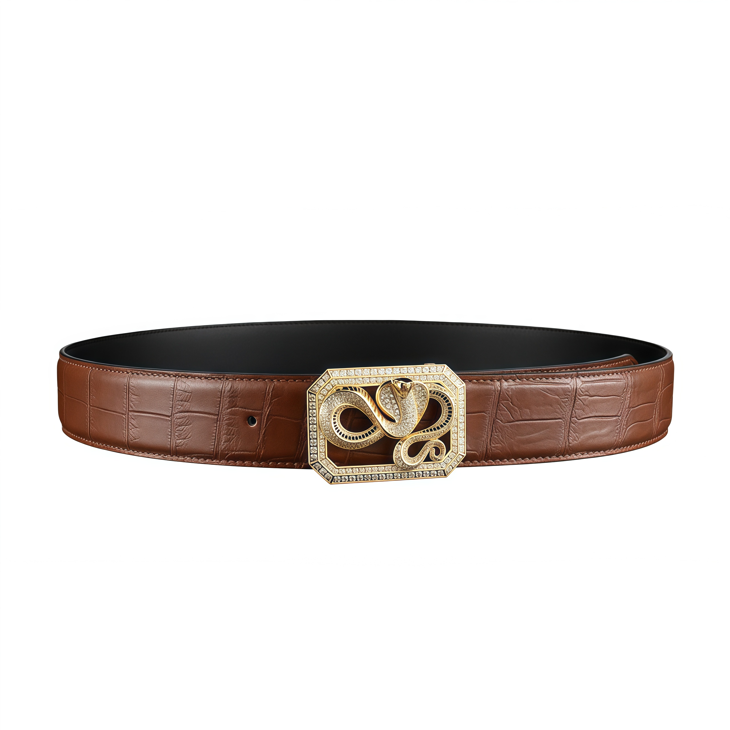 BELTLEY Chestnut Brown Crocodile Skin Men’s Belt With Snake Buckle