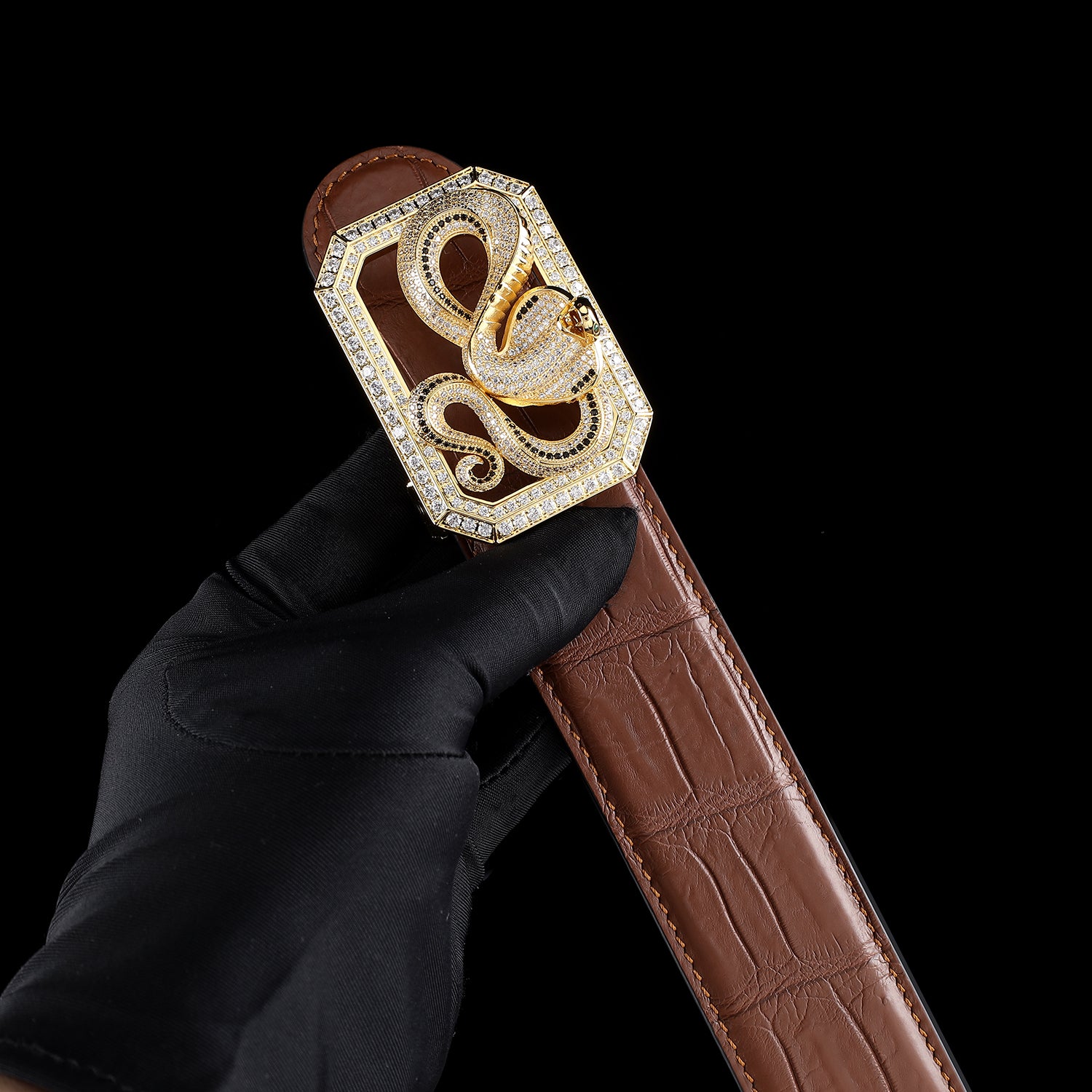 BELTLEY Chestnut Brown Crocodile Skin Men’s Belt With Snake Buckle