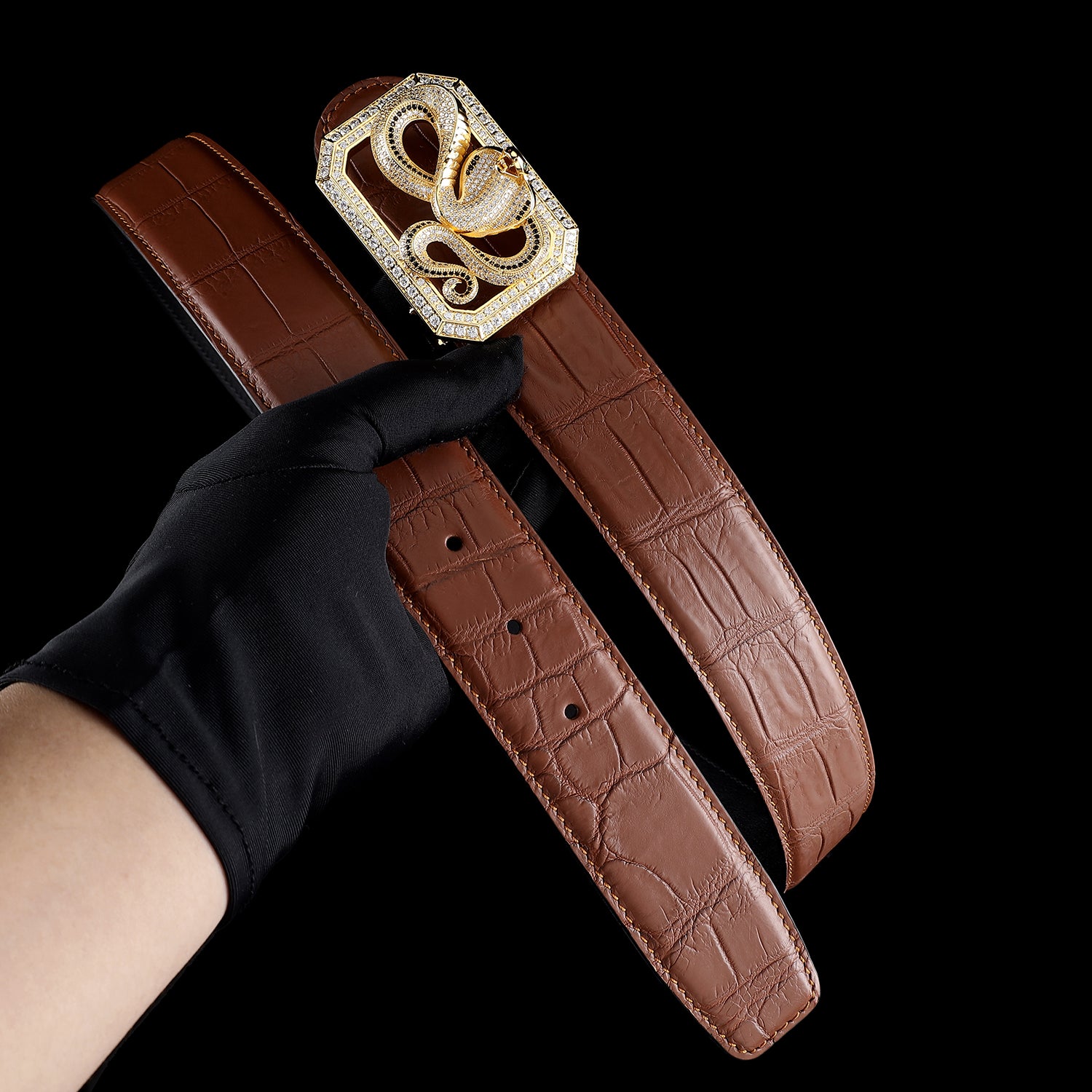 BELTLEY Chestnut Brown Crocodile Skin Men’s Belt With Snake Buckle