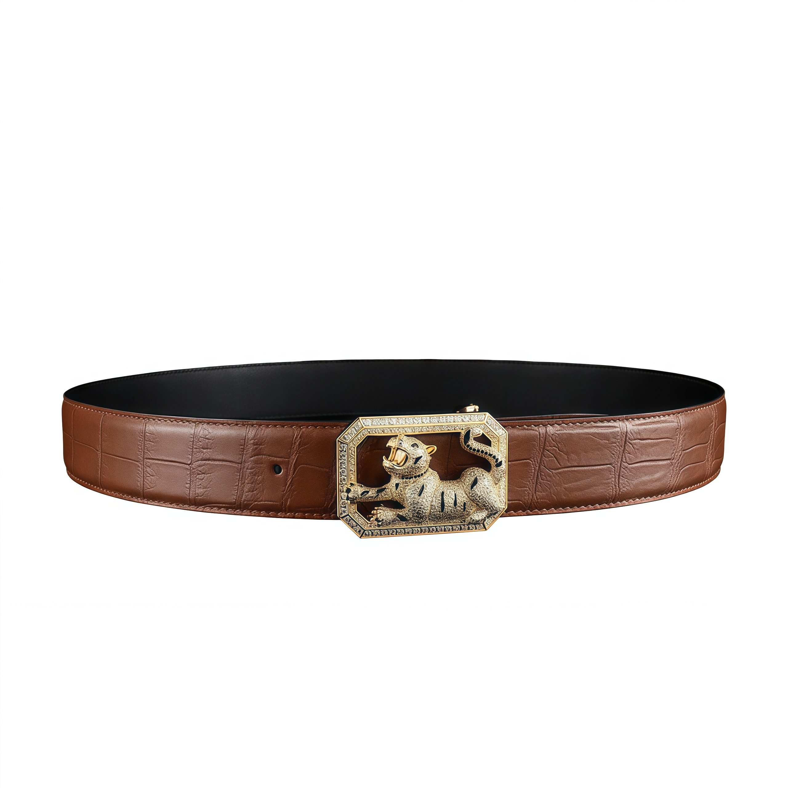 BELTLEY Chestnut Brown Mens Crocodile Belt with Tiger Buckle