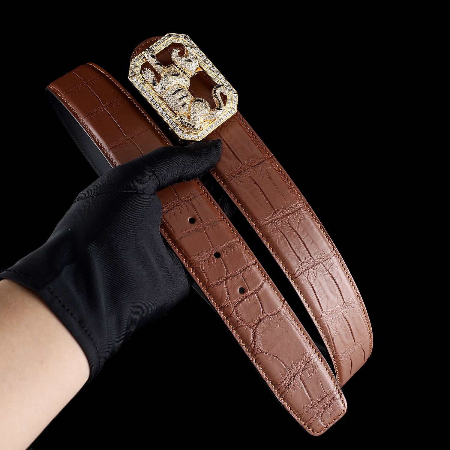 BELTLEY Chestnut Brown Mens Crocodile Belt with Tiger Buckle