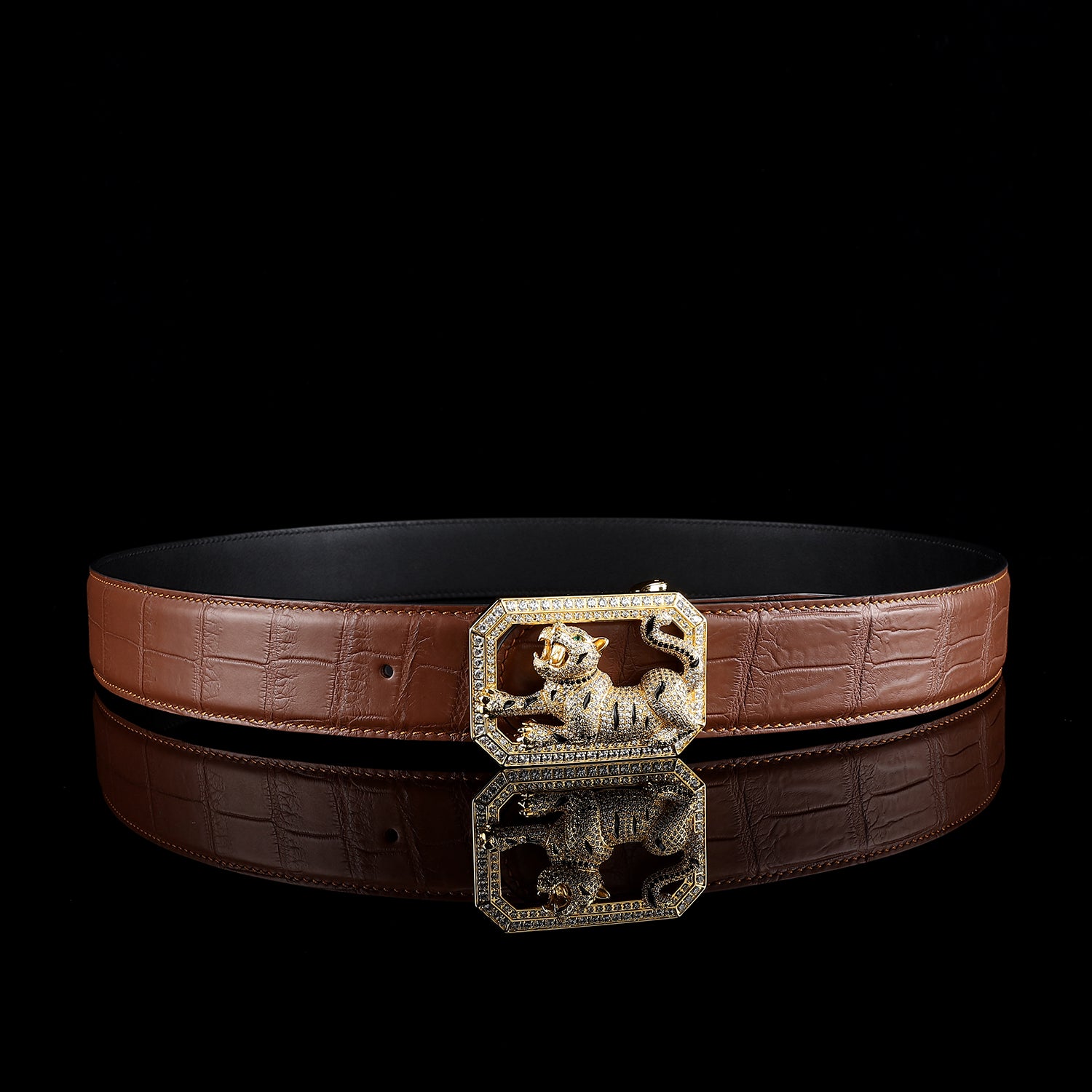 BELTLEY Chestnut Brown Mens Crocodile Belt with Tiger Buckle